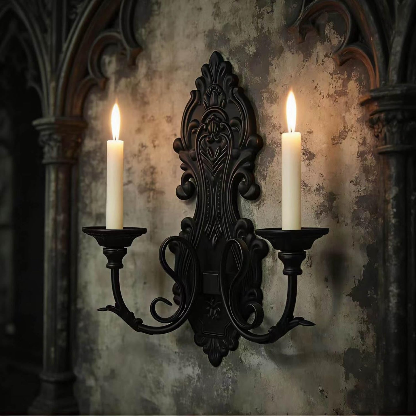 Black Metal Candle Holder Gothic Wall Decor Style Candle Sconces Set of 2, for Taper & Pillar Candle（not Contain Candles）