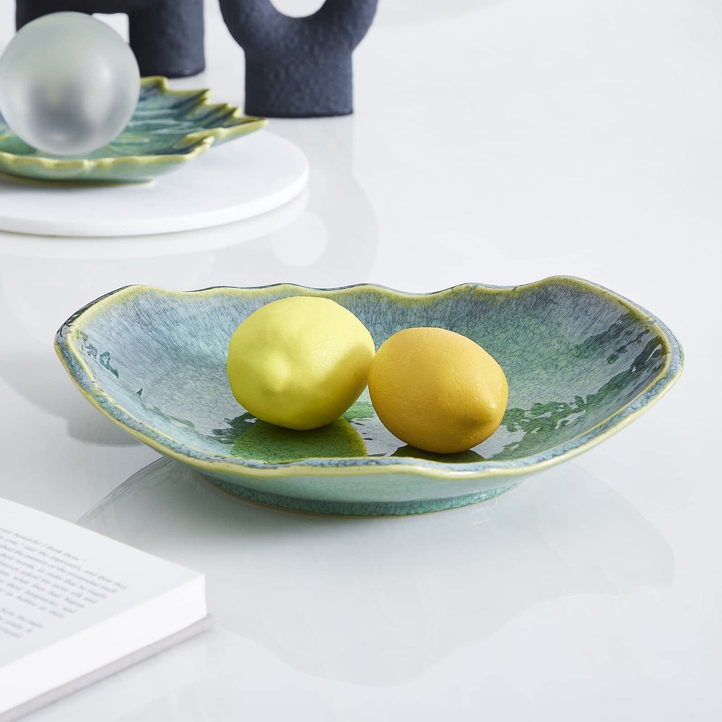 VOMANA Large Ceramic Decorative Bowl, 12" Green Reactive Glaze Centerpiece Bowl, Modern Coffee Table Decor, Entryway Catchall Key Bowl, Decorative Fruit Bowl for Dining Table Living Room (12'')