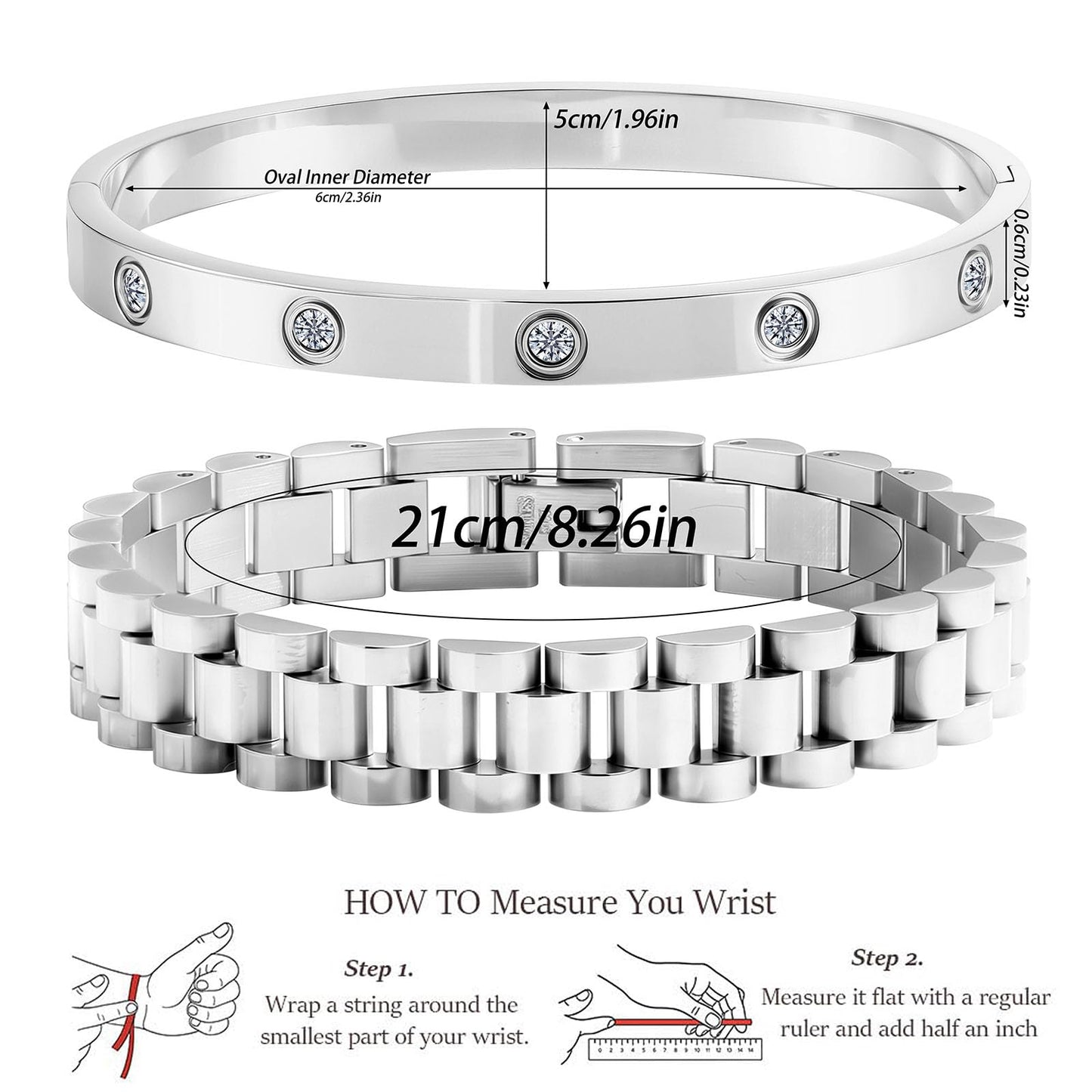 ISELBDR 18K Gold Plated Stackable Love Bangle Bracelets for Women,Silver Chain Link Watch Bracelet,Non-Tarnish Jewelry with Adjustable Tool.(2pcs-A Silver)