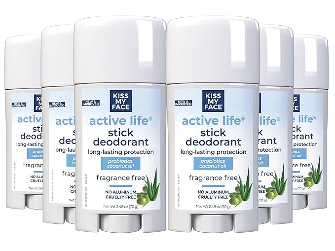 Kiss My Face Active Life Fragrance Free Deodorant, Aluminum Free Deodorant For Women And Men, With Added Grapefruit Seed Extract, Rosemary And Sage, 2.48 Oz Stick, 6 Pack