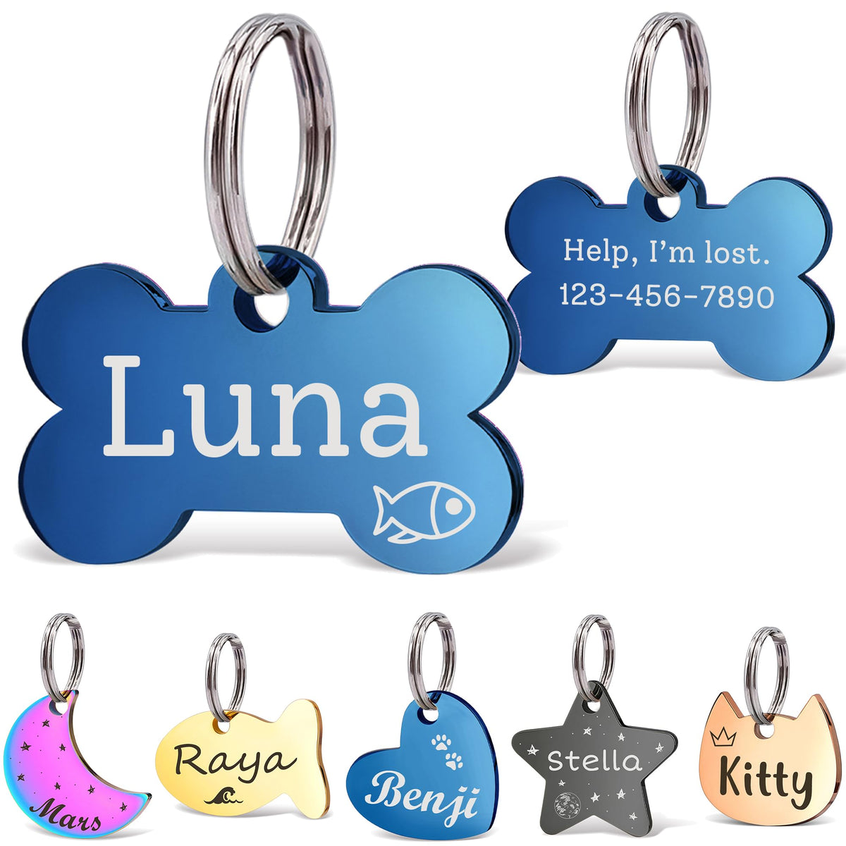 Anavia Small Size Dog Cat ID Tags, Small/XS Personalized Color Plated Stainless Steel Puppy Kitten Name Tags, Customized Engraved Nameplate Pet Collar Tag (Blue, Star)