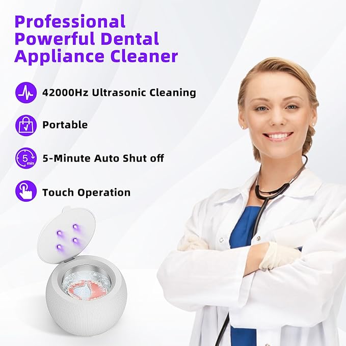 Voraiya Ultrasonic UV Cleaner for Dentures, Aligner, Retainer, Whitening Trays, Night Dental Mouth Guard, Toothbrush Head, Ultrasonic Jewelry Cleaner Machine for all dental Appliances, Diamon (White)