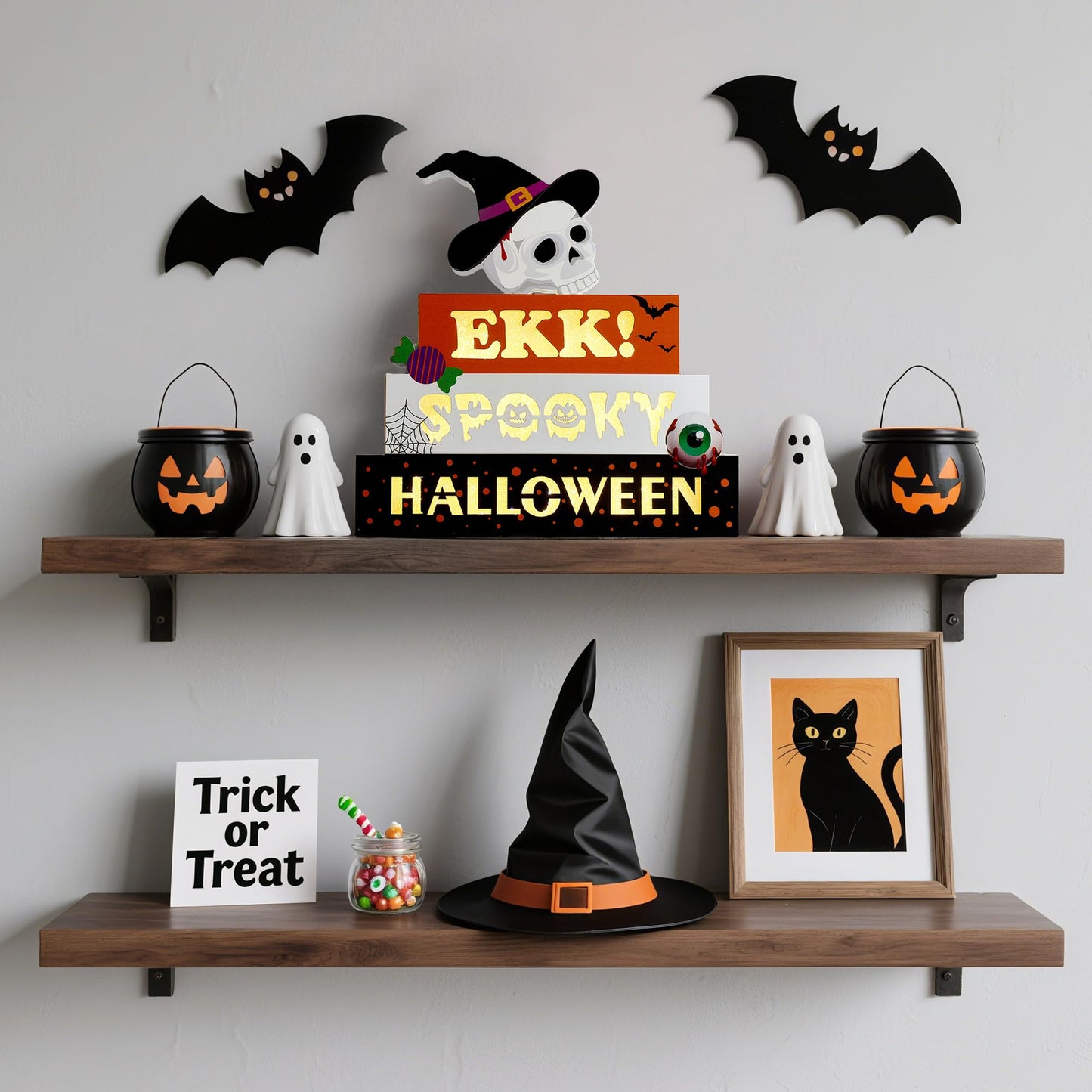 BlcTec Halloween Decorations Indoor 9.4" 4-Tier Wooden Block Set with Glowing 3D Letters, Skull Topper, Battery Operated Spooky Halloween Décor Built-in Timer for Home, Mantle, Shelf, Table Decor