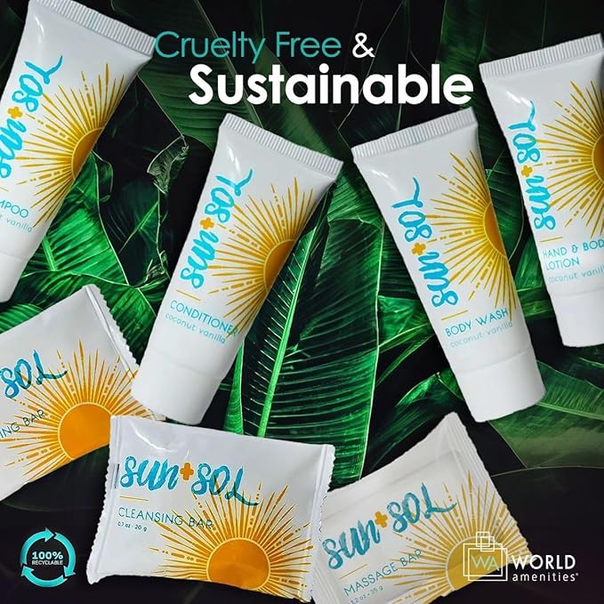 World Amenities - Sun + Sol Mini Size Hotel Toiletries Bathroom Kit | Warm Coconut & Vanilla | Shampoo, Conditioner, Body Wash, Lotion, Cleansing Bar, Refreshing Soap Bar and Moisturizing Massage Bar