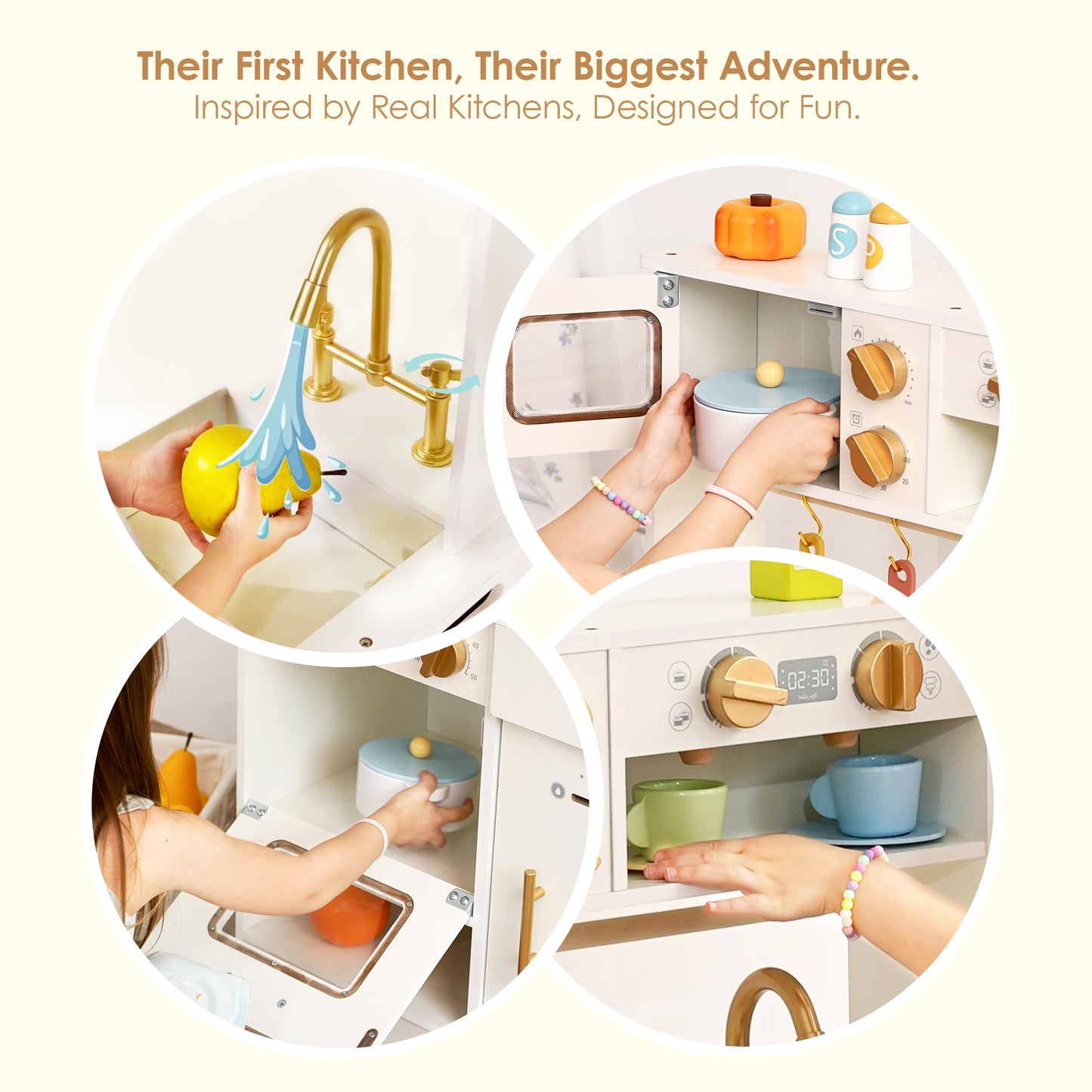 Wooden Play Kitchen for Kids with Ice Maker — Small White Pretend Kitchen Set with Sink, Stove, Oven & Microwave, Utensils and Storage, Montessori Role-Play Toy, Gift for Toddlers Ages 3+