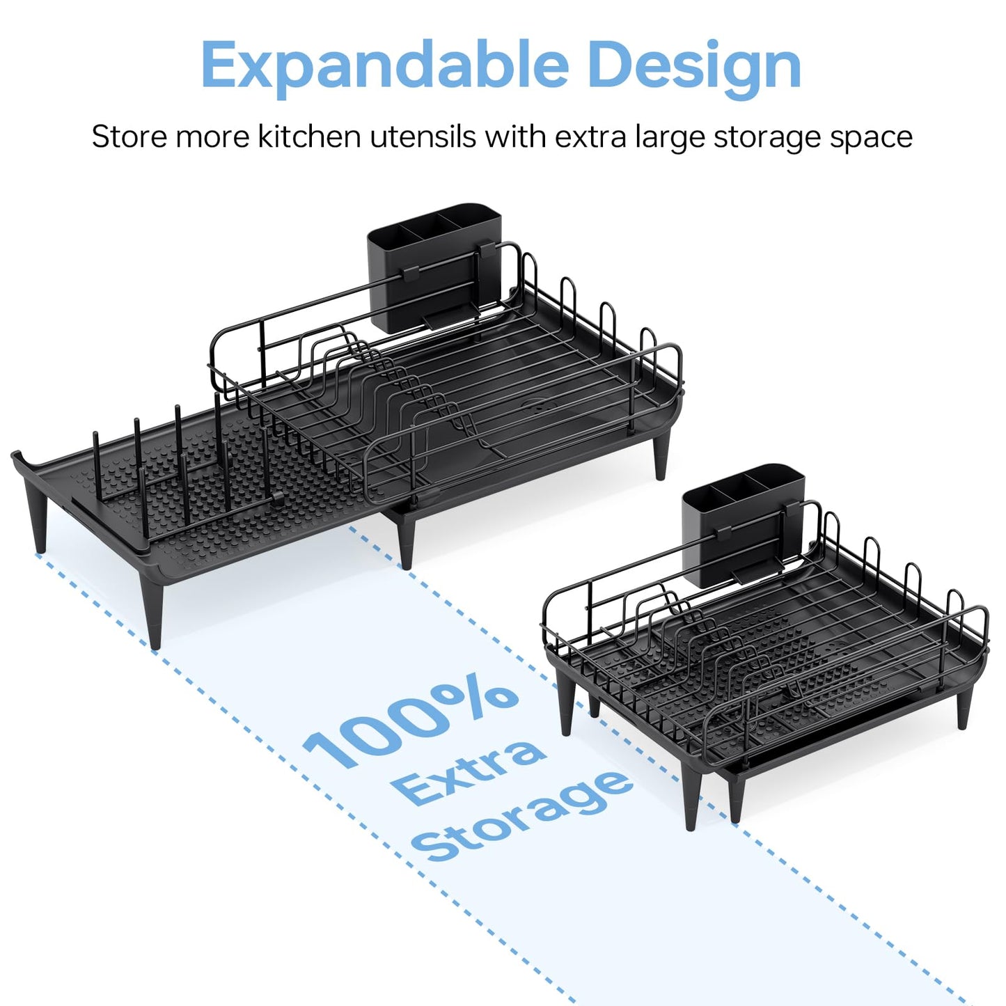 TOOLF Large Dish Drying Rack, Expandable Dish Rack for Kitchen Counter, Multifunctional Dish Drainer, Organization and Storage Essentials with Cup & Cutlery Holders, 16.7"-26.8" L x 12.6" W, Black