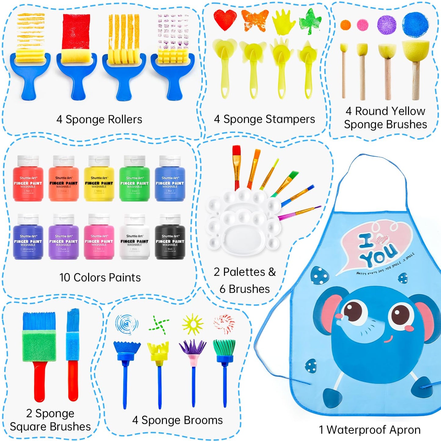 Shuttle Art Washable Finger Paint Set, 37 PCS with 10 Colors (2 fl oz) Non-Toxic Toddler Paint, Paint Brushes, Sponge, Smock, Toddler Art Supplies
