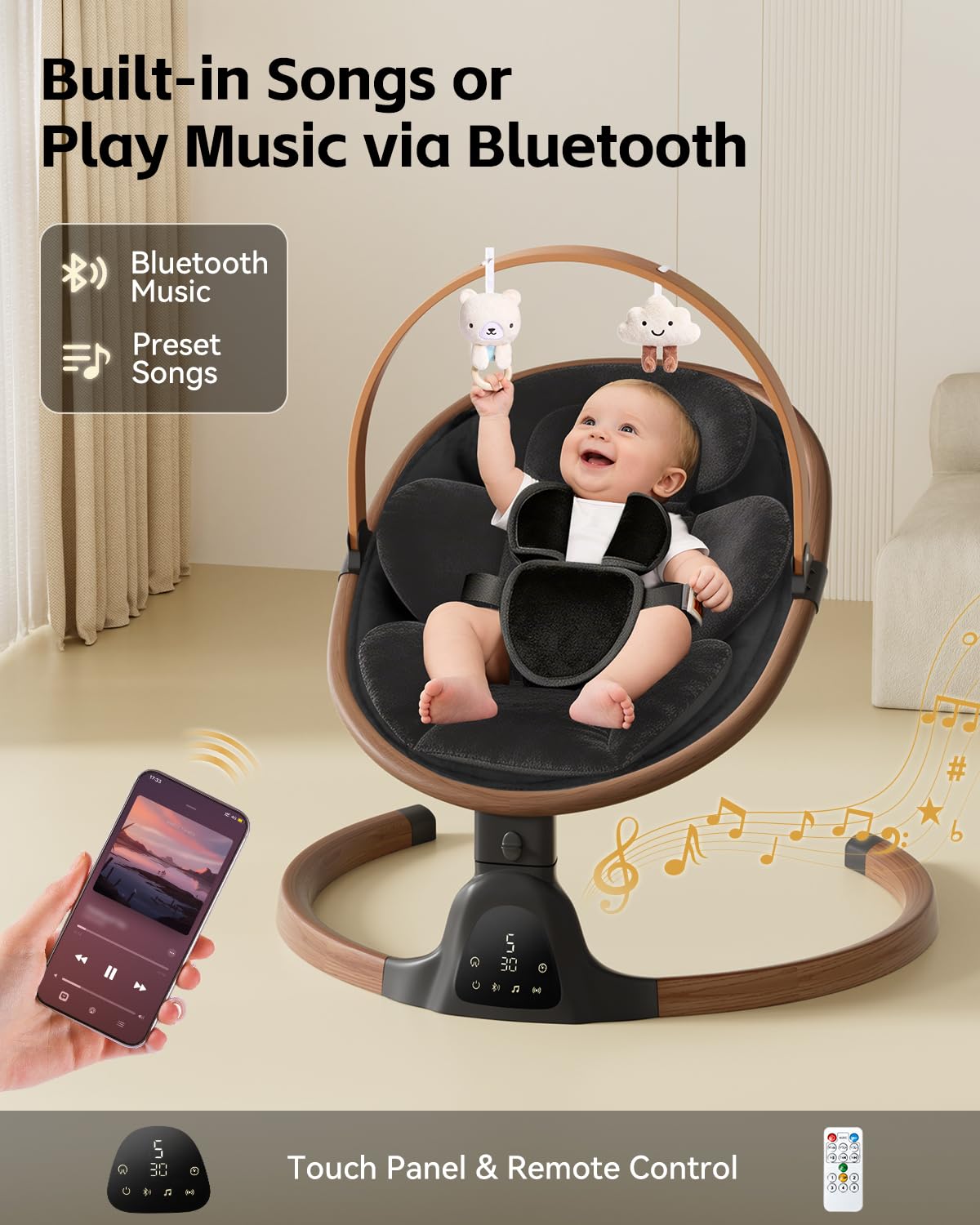 Baby Swings for Infants, Electric Infant Swing with 5 Speed Modes, 5-Point Harness, 3 Timer Settings, Built-in Lullabies & Bluetooth, Portable Modern Swing for Indoor & Outdoor (Black)