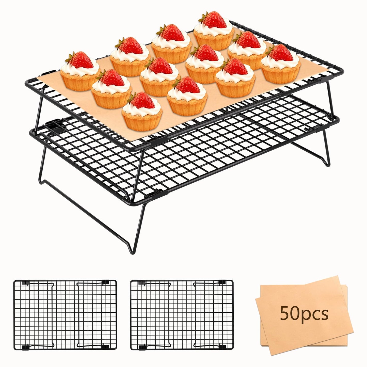 ZHIWUJIA 2-Tier Stackable Cooling Rack with Legs, 13"x 9" Nonstick Collapsible Wire Rack with 50 Pcs Parchment Paper for Baking Cookies, Cakes, Bread, Pizza