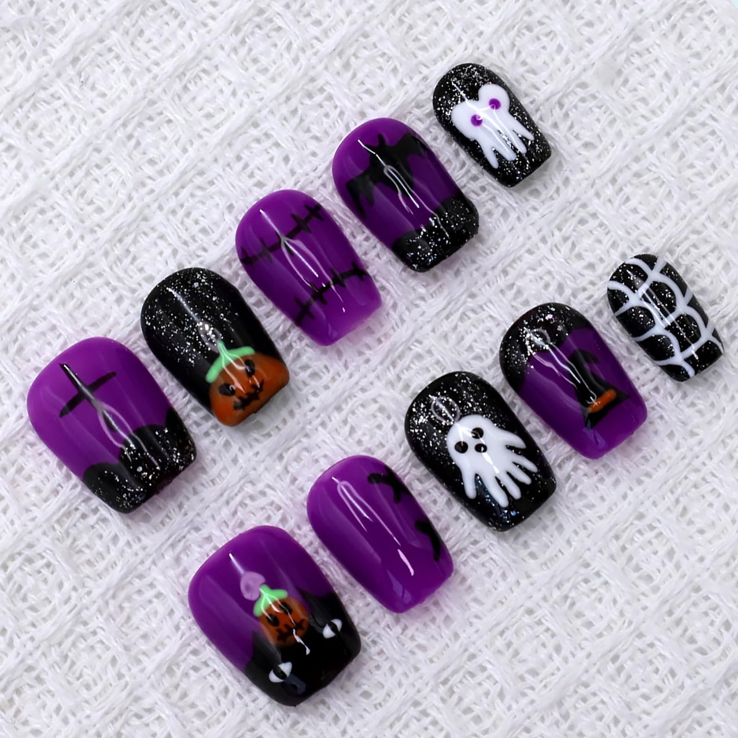 10Pcs Black Purple Halloween Press on Nails Short Handmade Fake Nails Scary Pumpkin Ghost False Nails with Glitter Sequin Design Halloween Square Nails Artificial Reusable Stick on Nail for Women (S)