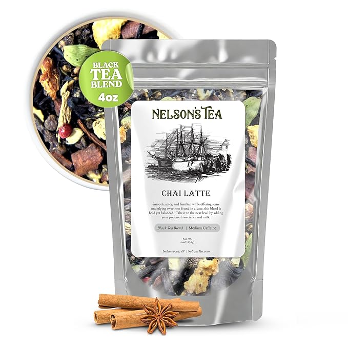 Nelson's Tea Chai Latte - Full-Bodied Black Tea with All-Natural Flavoring - with Spicy Chai blend with Cinnamon Chips, Peppercorns, Ginger Root, Cloves, Orange Peel - Underlying Sweetness - 4oz
