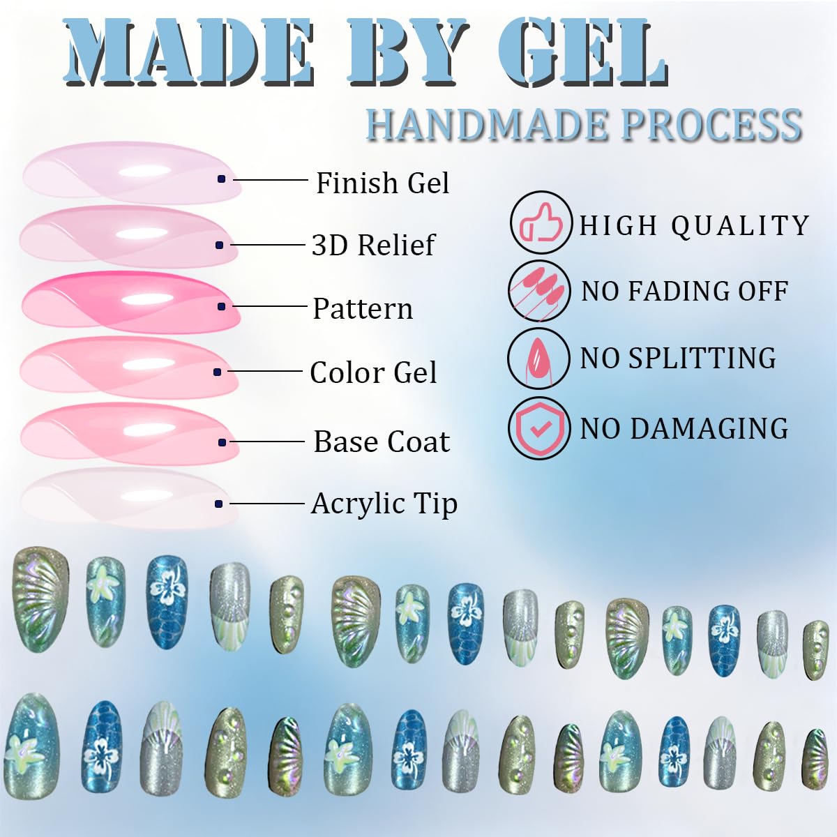 3D Press On Nails Almond Medium Light Blue Fake Nails with French Cat's Eye Embossed Flower&Lines Summer Designs, Acrylic Artificial Nail Press ons False Stick On Nails for Women Girls 30Pcs