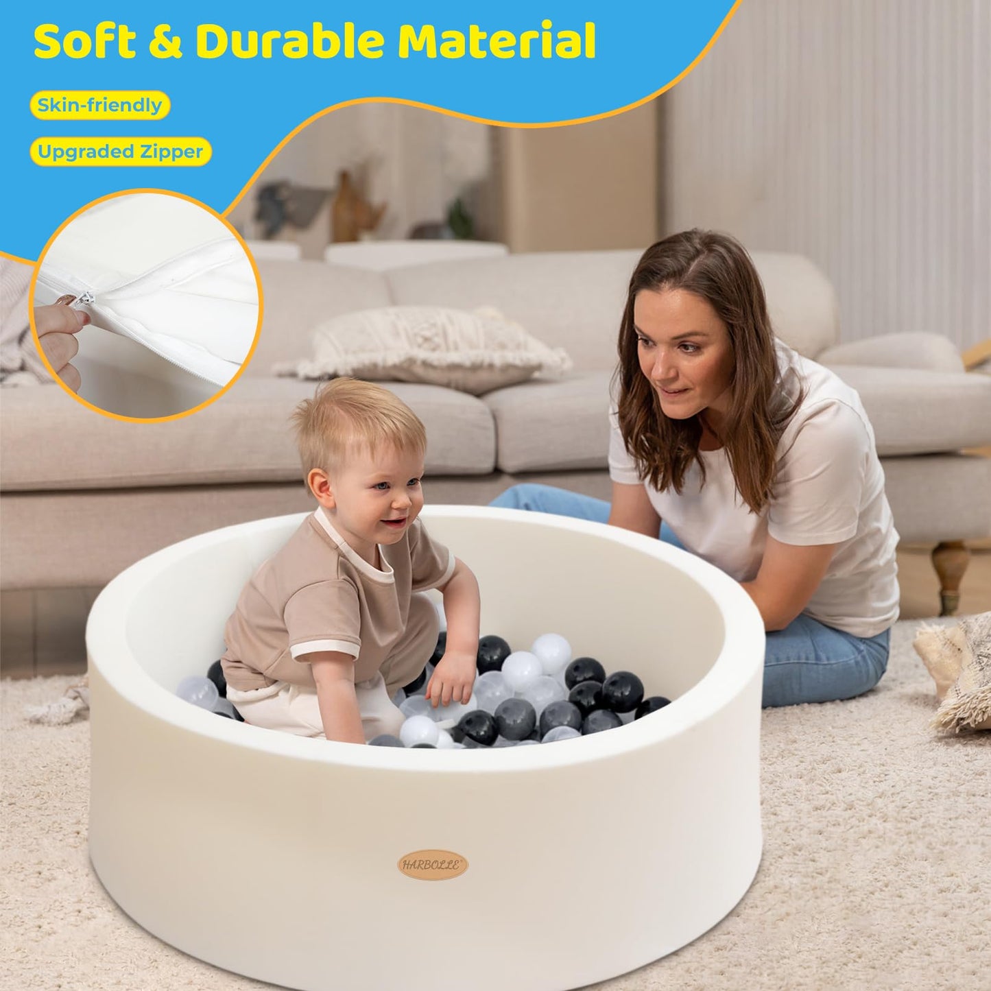 HARBOLLE Baby Ball Pit 35.4" Soft Round Memory Foam Ball Pits NOT Included Balls Indoor Outdoor Playpen for Babies Toddlers Kids Great Gift for Girls Boys, White