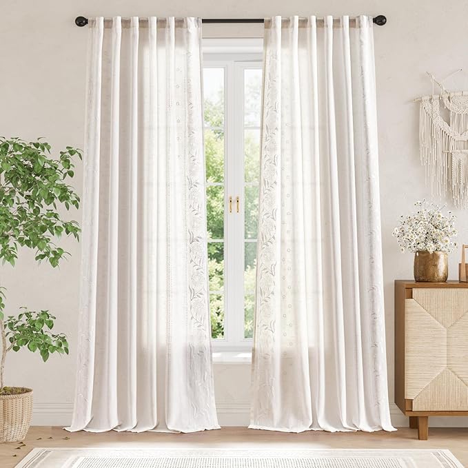 jinchan Winslow White Linen Curtains for Bedroom 108 Inches Length Embroidered Bordered Floral Curtains for Living Room Farmhouse Decor Light Filtering Window Treatments White on White Drapes 2 Panels