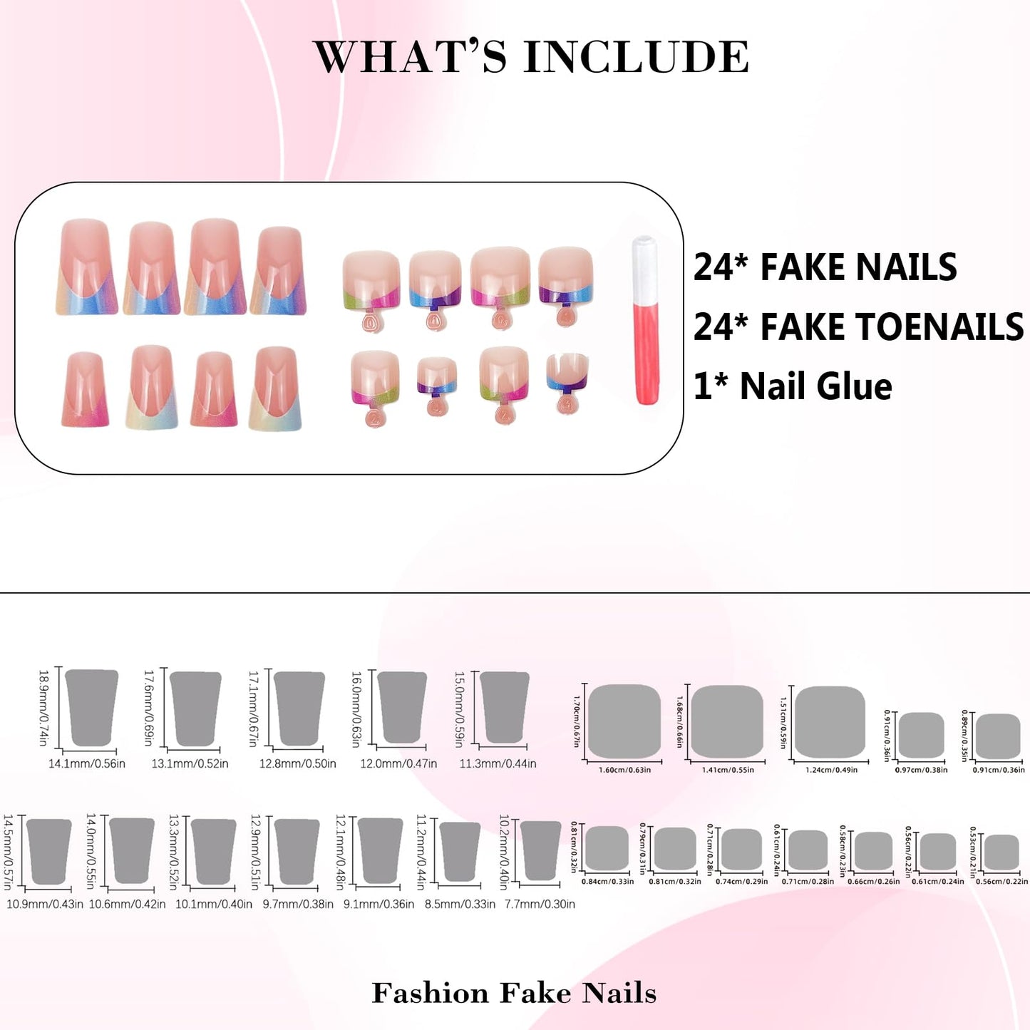 IMRAIN 48Pcs Press on Toe Nails Short Fake Toenails & Medium Duck False Nails with Colorful French Tip Design Glossy Glue on Toe Nails Summer Acrylic Manicure Toenail Press on Nails