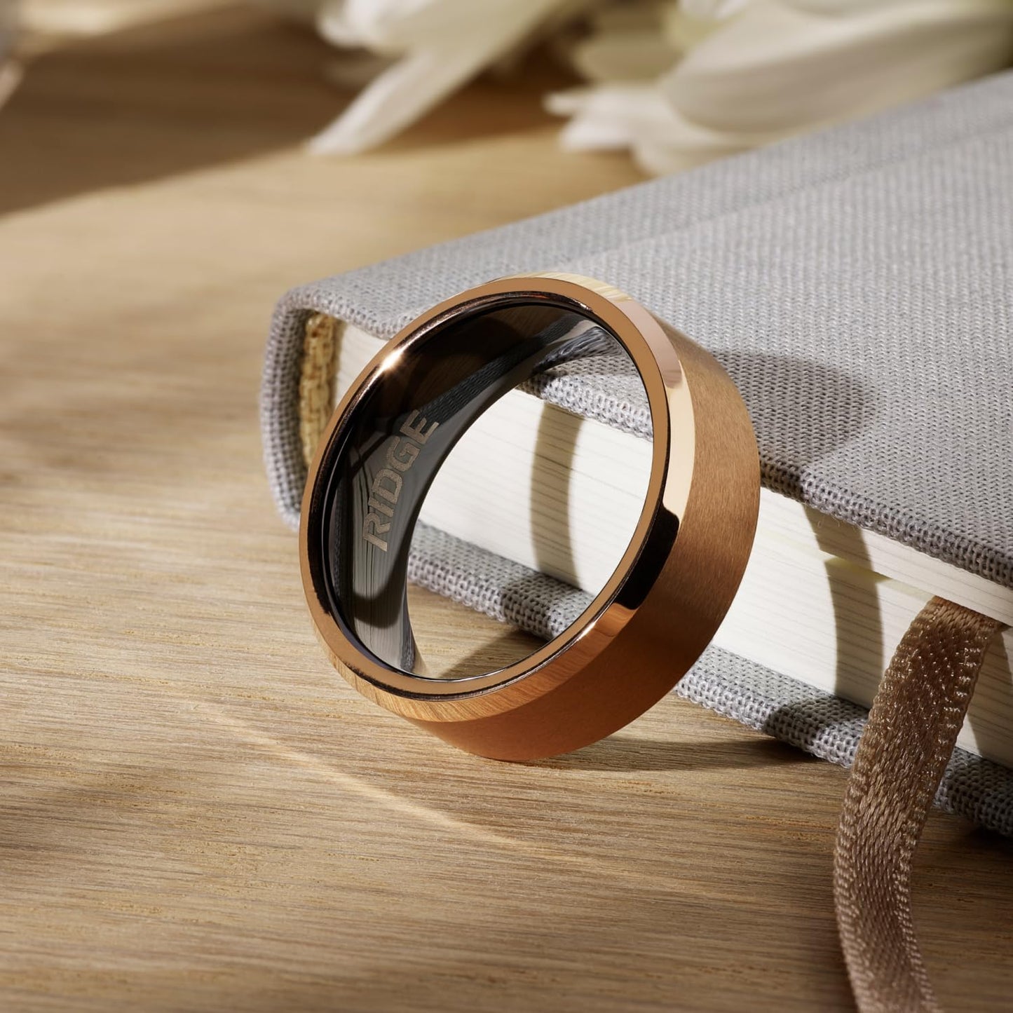 Ridge Beveled Ring Set 8mm - 18K Rose Gold - Tungsten - 7