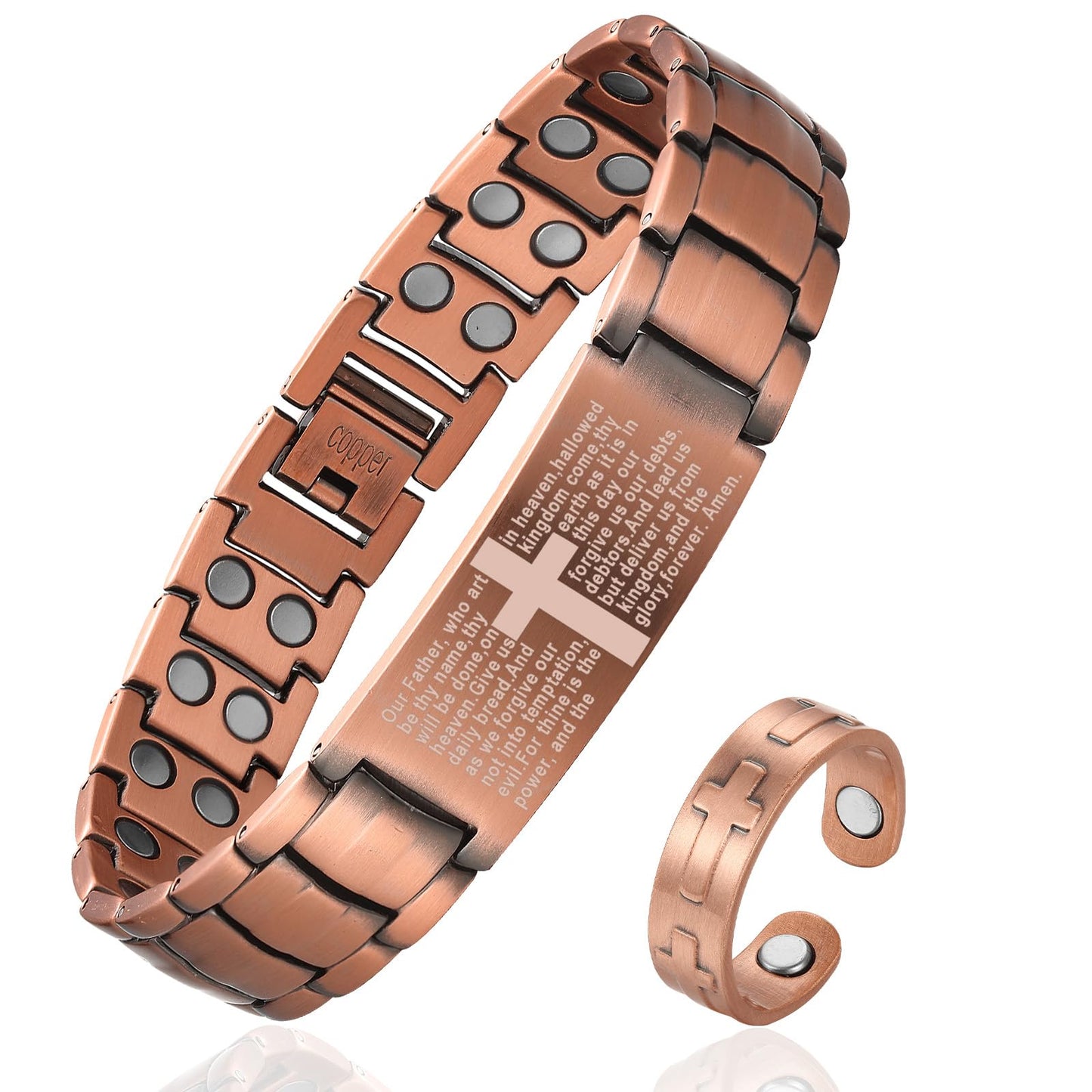 Fashtour Copper Cross Bracelet for Men - Ultra Strength Magnetic Mens Cross Jewelry Set - Adjustable Magnetic Bracelet with Sizing Tool Jewelry Box(Copper)