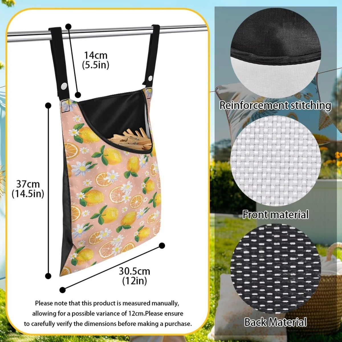 Lemon Print Clothespin Holder with Hanger Hook
