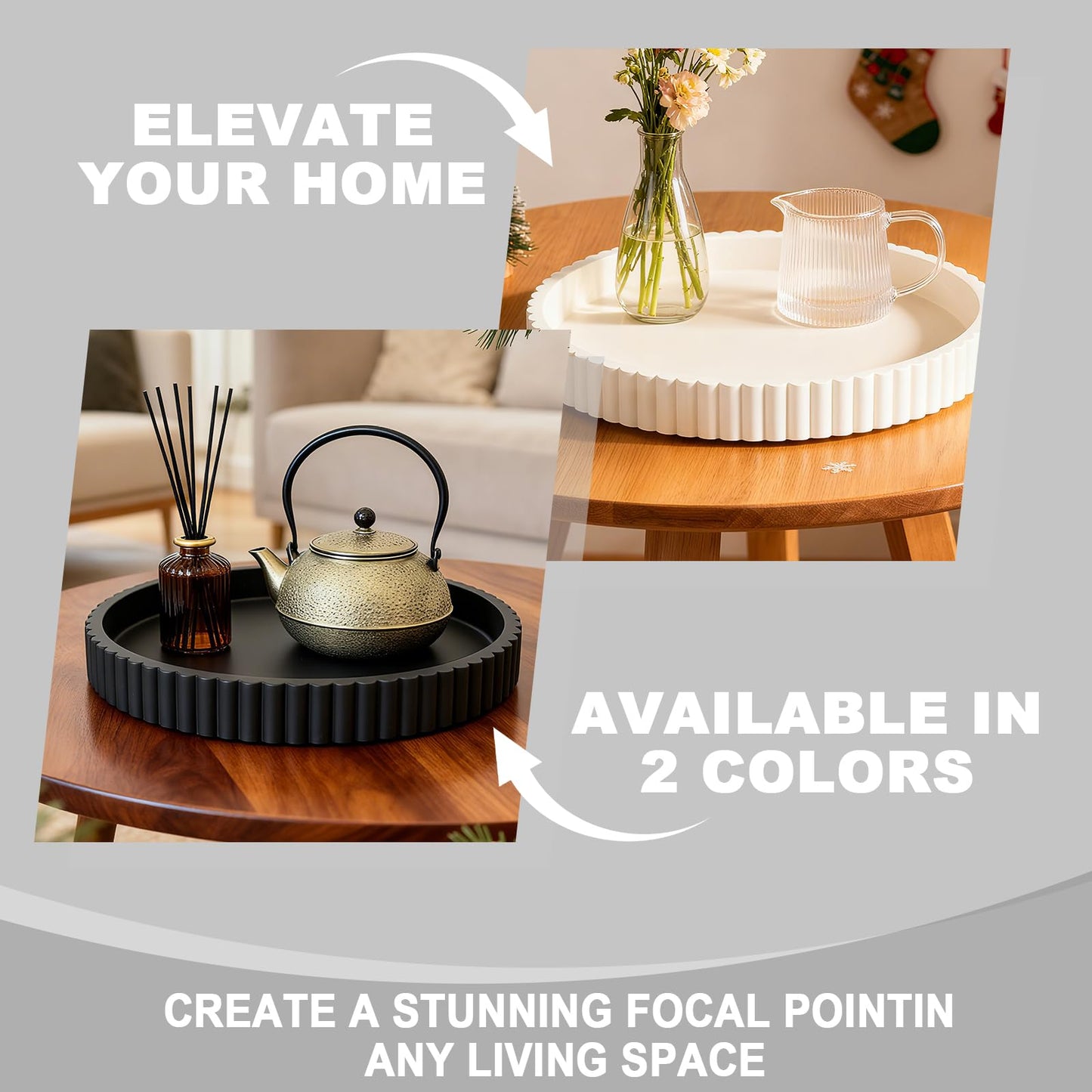 HUGZNLFEI Round Decorative Tray for Coffee Table Decor - Resin Modern Table Centerpieces Decorative Trays for Kitchen, Dining, Living Room, Home Decor Housewarming Gift - Black