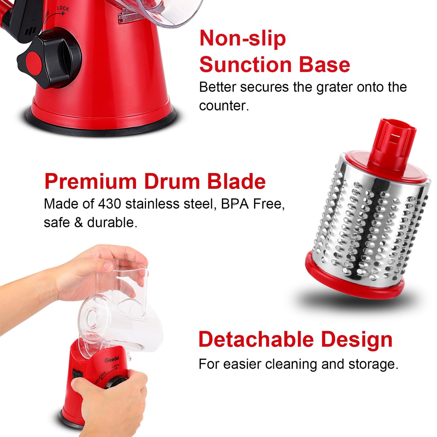 Geedel Rotary Cheese Grater, Kitchen Mandoline Vegetable Slicer with 3 Interchangeable Blades, Easy to Clean Grater for Fruit, Vegetables, Nuts