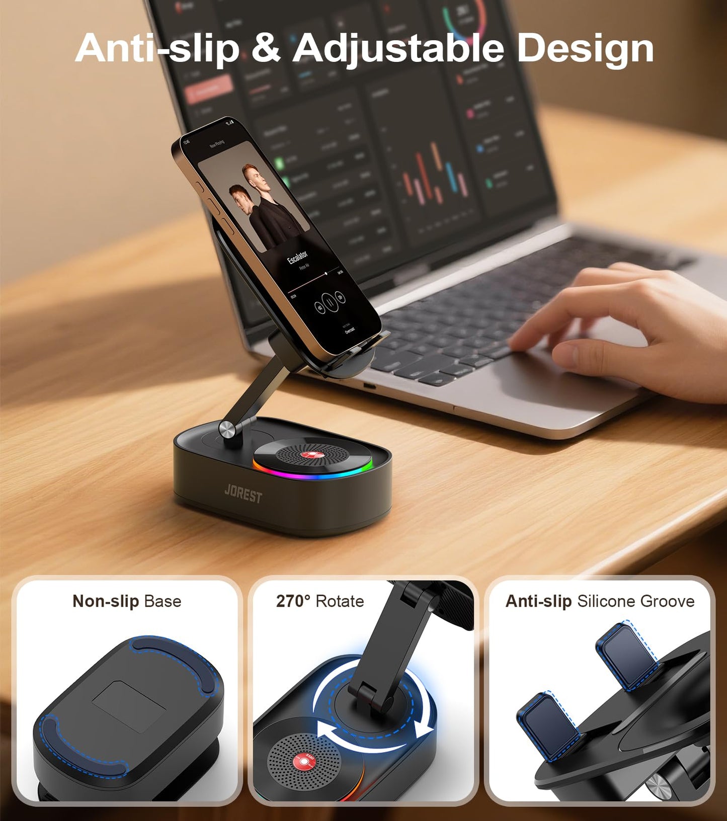 Jorest Wireless Induction Speaker,Cell Phone Stand with Bluetooth Speaker,Valentine's Gifts for Older Men Women Teenage Boy,Ampilifer Gadget Foldable with iPhone/Ipad,Birthday Gift for Dad Father
