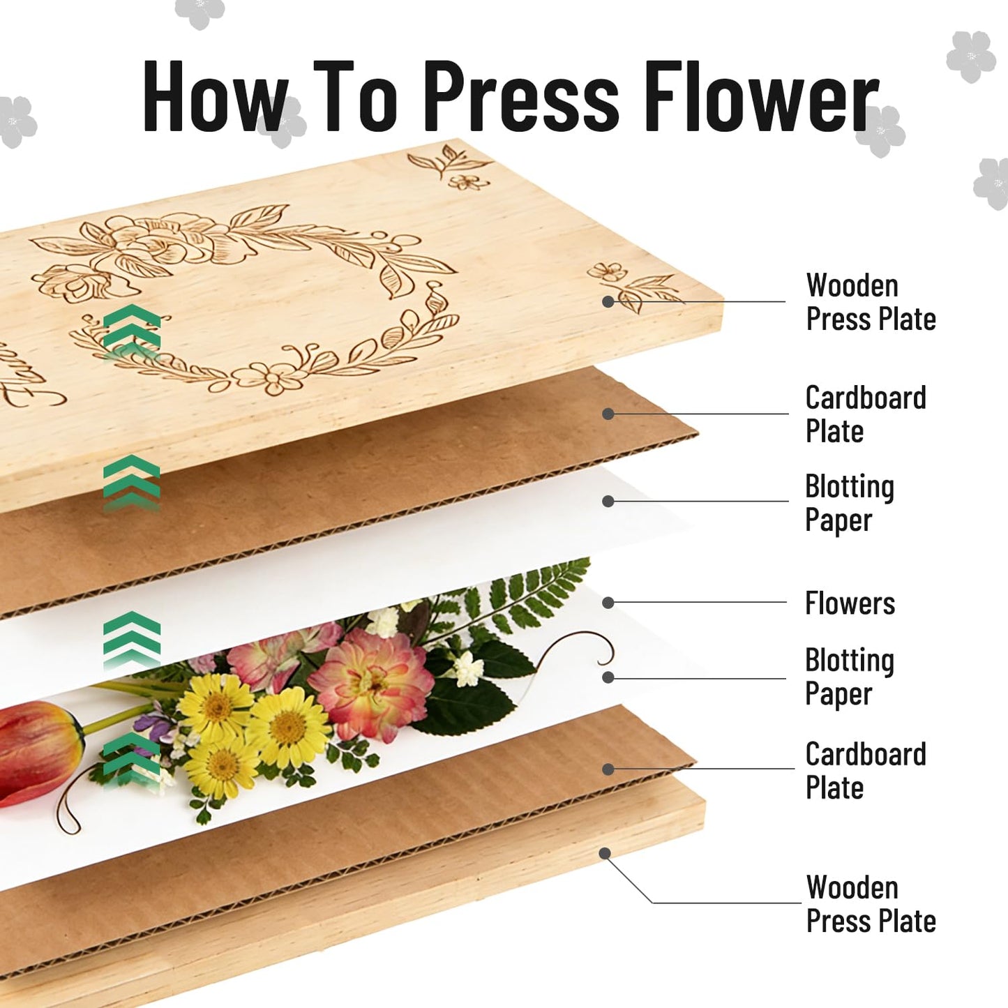 v2croft Flower Press Kit, Even Pressure 10" x 6" Wooden Flower Pressing Kit with 8 Layers for Dried Plant Preservation, DIY Arts, Gift for Craft Lovers