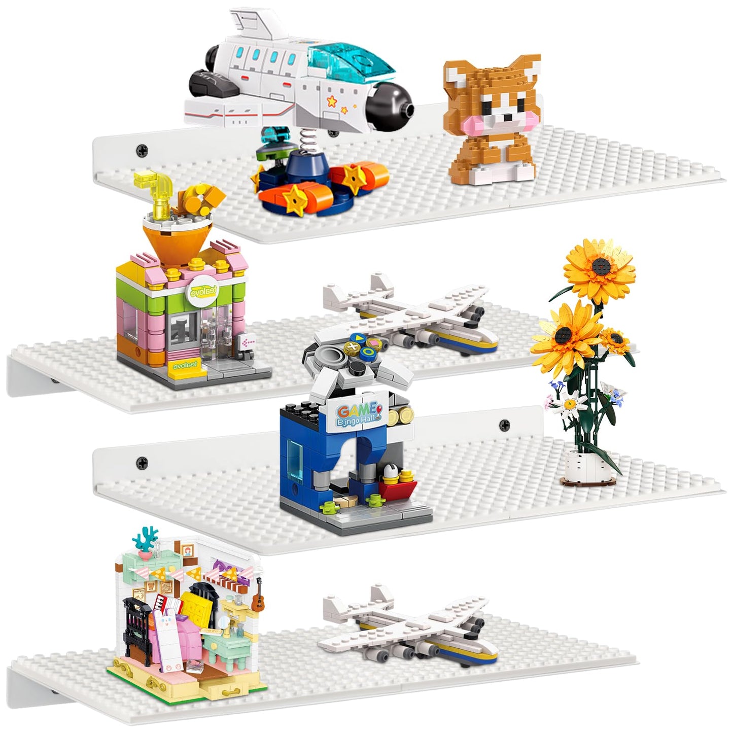 4 Pack Display Shelves for Building Bricks, Display Case Compatible with Brick Building Baseplate, Metal Floating Magnetic Display Cabinet Wall Mounted, Works with Major Building Blocks (4-White)