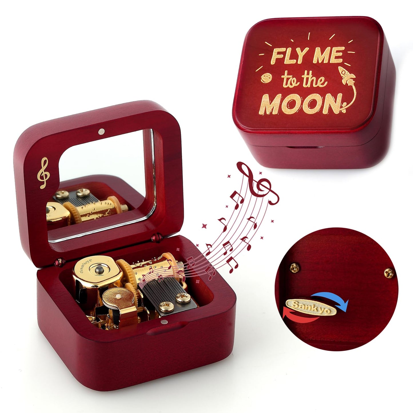 JYmusic Natural Solid Wood Clockwork Square Note Octave Box with Pause and Play Function, Gift for Birthday/Mother's Day/Children's Day/Valentine's Day/Christmas, Wine-red.
