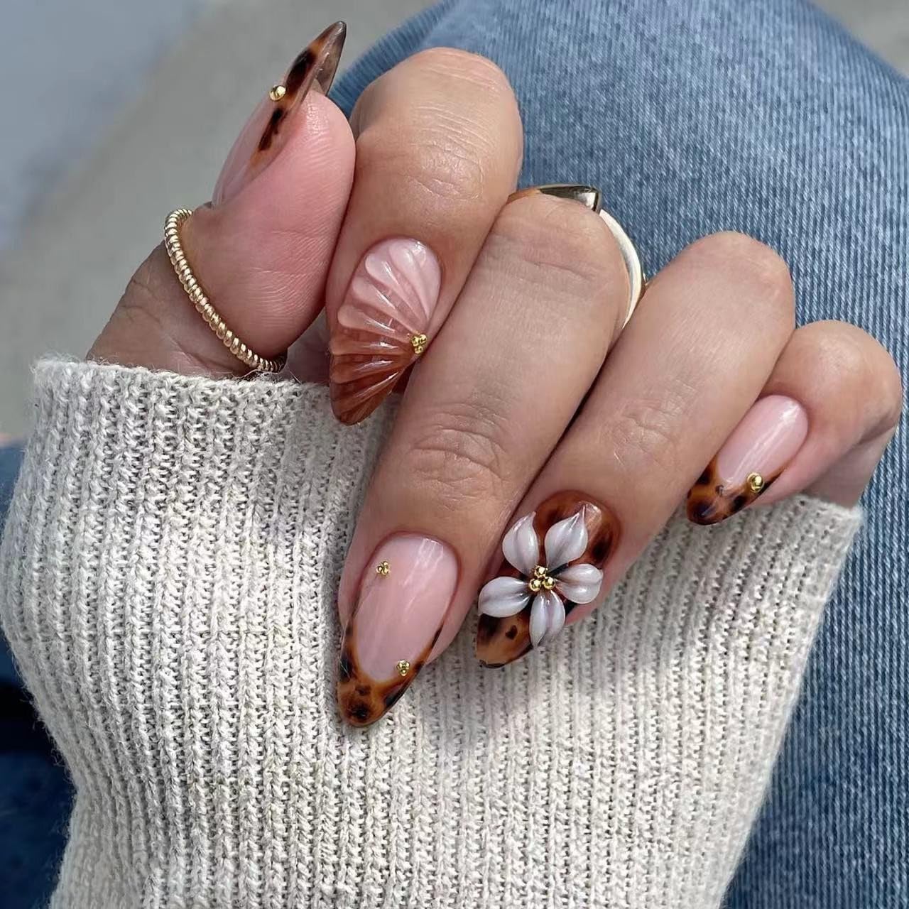 plalely Almond Press on Nails Medium Brown Fake Nail3D Flowers Designs Acrylic Nail Press ons Stick on Nails for Women 24pcs