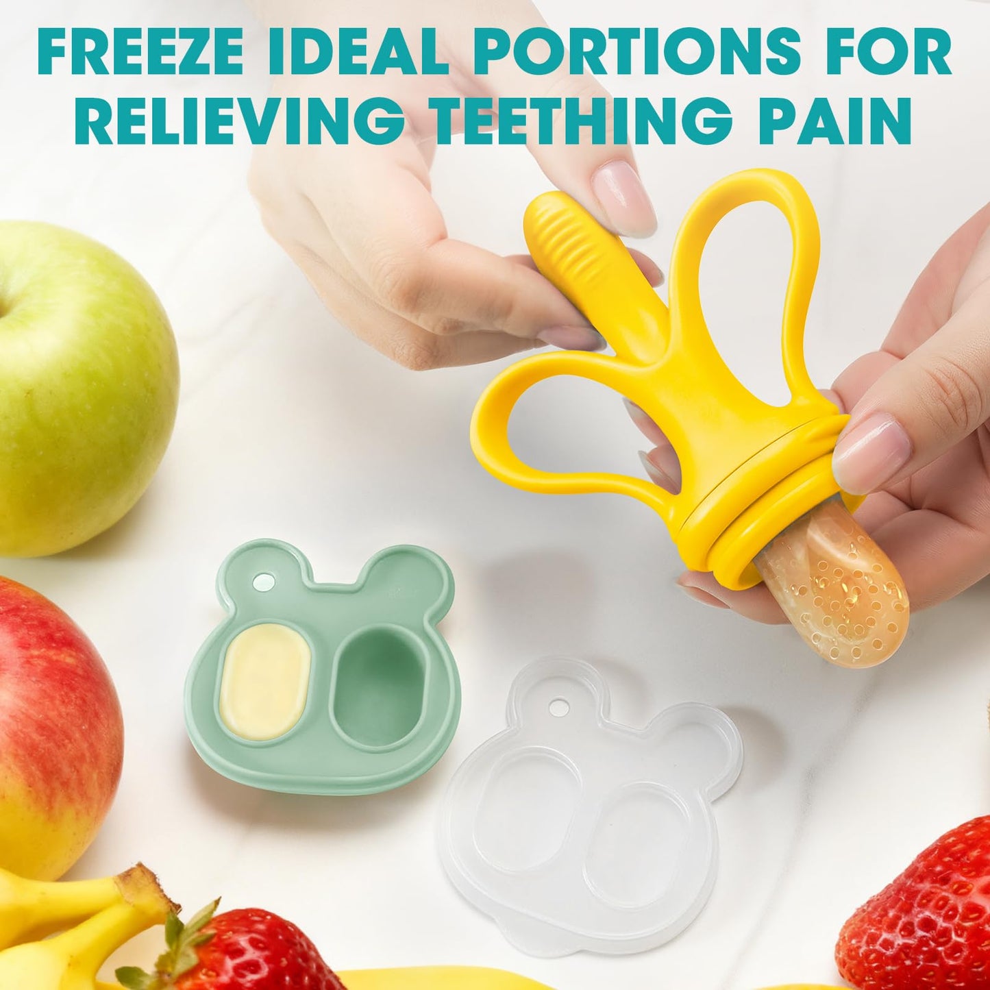 JEXFUN Baby Fruit Feeder & Breastmilk Popsicle Mold Set, Silicone Food Feeder Pacifier for Cooling Relief with 3 Replaceable Pouches, BPA-Free Teething Toy for Safe Infant Self Feeding (Banana Yellow)