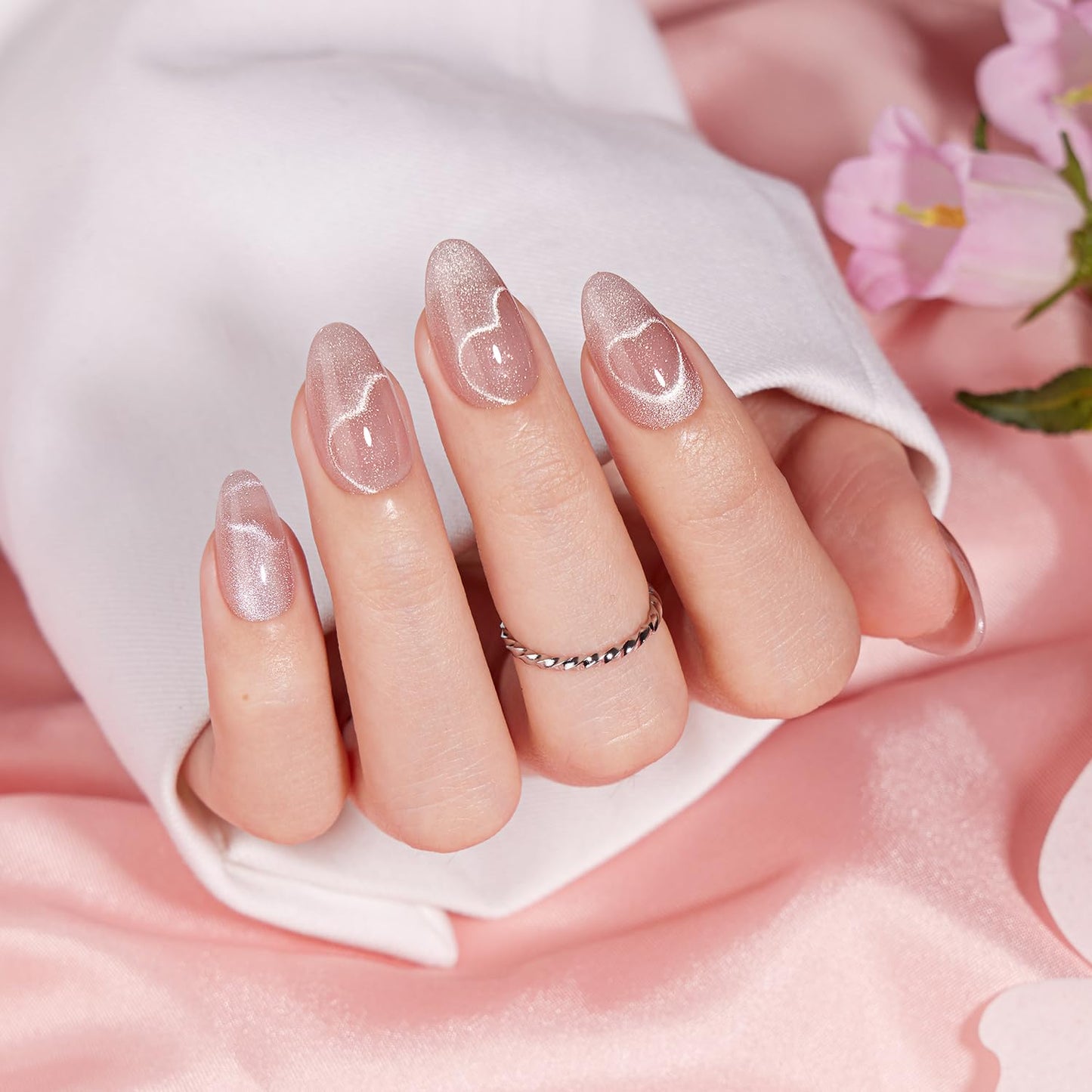 VSALON Press On Nails Short Almond, Nude Pink Cat Eye Press On Nails Neutral Sparkly Spring Fake Nail With UV Glue On Nail Kit, Reusable Salon Quality Summer Stick On Nails 32 Pcs 16 Sizes