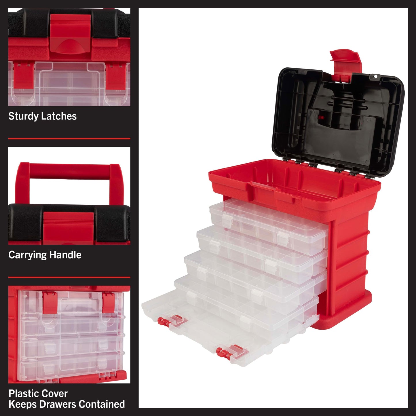 Portable Tool Box - Small Parts Organizer with Drawers and Customizable Compartments for Hardware, Fishing Tackle, Beads, or Crafts by Stalwart (Red)