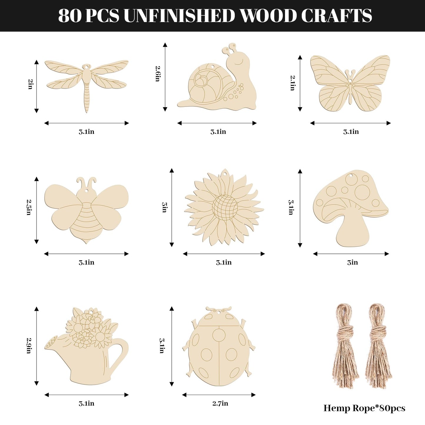 Subacy 80 PCS Unfinished Wood Cutouts 8 Styles DIY Wooden Spring Ornaments, Wooden Art Craft Painting Kit for Kids, Birthday Easter Creativity Arts & Crafts, Spring Themed Shape