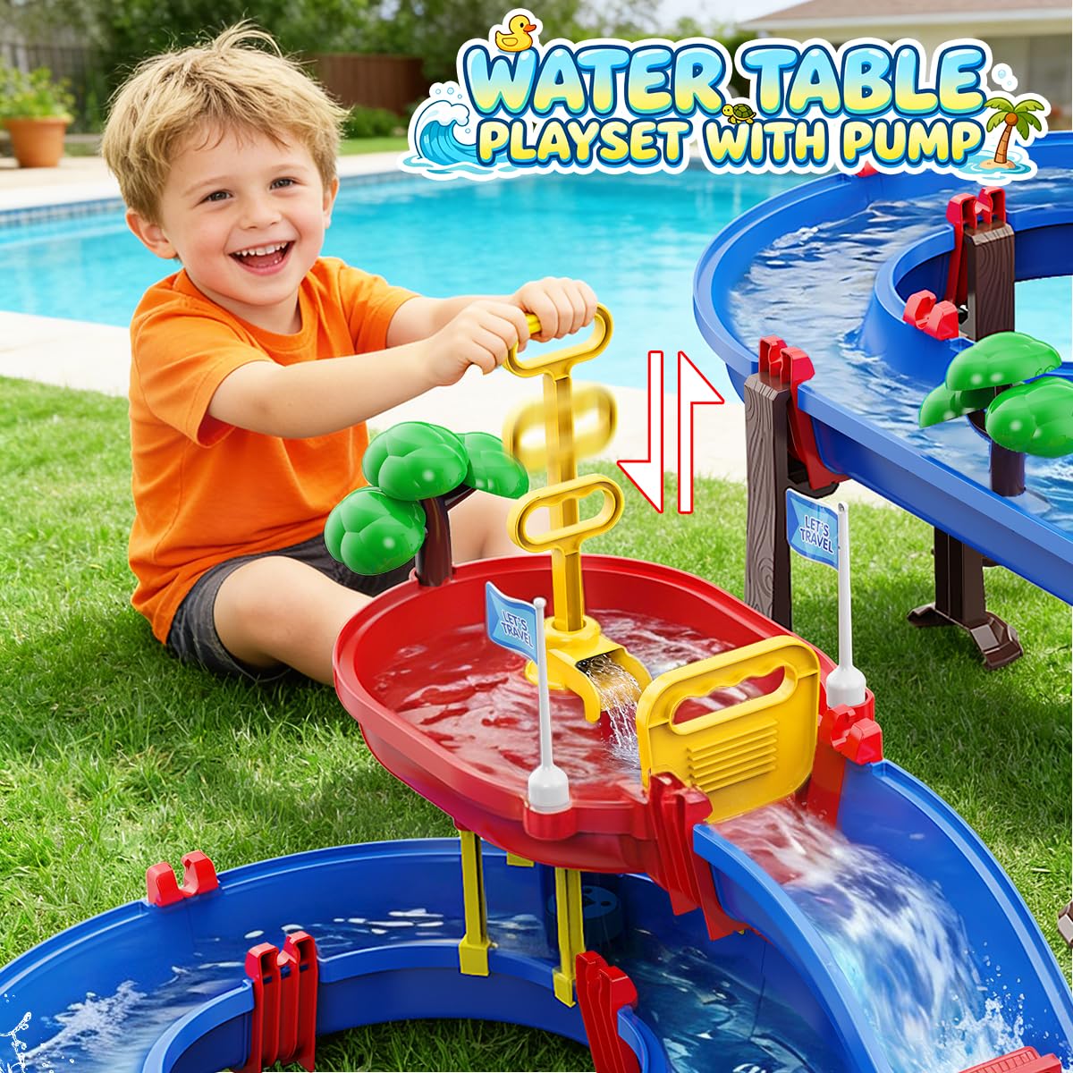VATOS 2-Tier Watermill Summer Water Table, 124 PCS DIY Water Table with Water Pump Toys for Toddlers 3-5 4-7 Years Old, Fun Water Playset Outdoor Water Summer Toys for Backyard, Beach, Balcony, Garden