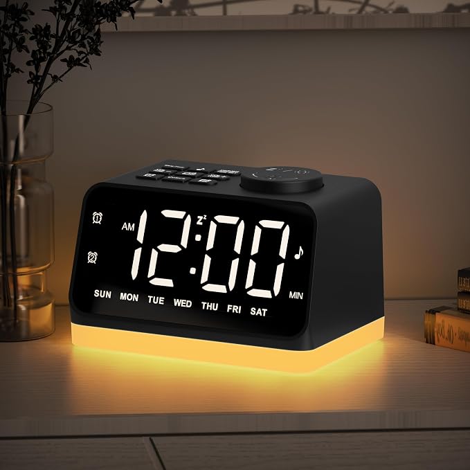 JALL Digital Alarm Clock with FM Radio for Bedroom, 8 Colors Night Light with 2 Charging Port, Sleep Sound Machines with Timer, Dual Alarm, Loud Alarm and Easy to Use for Seniors as Gift