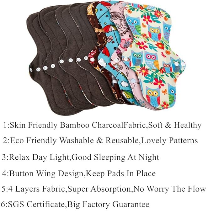 Reusable Waterproof Bamboo Charcoal Menstrual Pad Sets - Panty Liner Regular Flow Heavy Flow (5 Count)