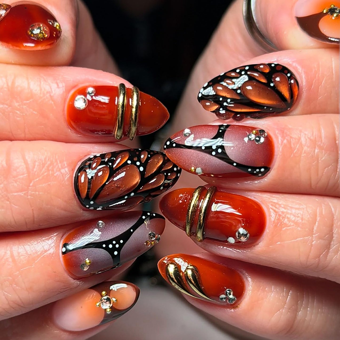 RUOKEXIN Almond Press on Nails Medium Fake Nails Butterfly False Nails with 3D Designs Spring Summer Nail Press ons Sparkly Artificial Nails for Women 24Pcs