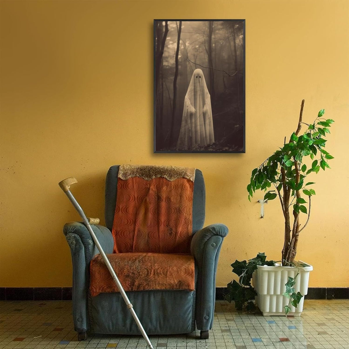 Ghost Forest Spooky Print Poster The Gothic Room Decor Creepy Picture Posters Dark Academia Aesthetic Family Prints Canvas Wall Art Home Apartment Decorations 24X36inch Aluminum Framed