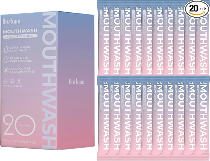 Travel Size Mouthwash, Peach Oolong Flavor, Alcohol-Free, 20-Pack Portable Packets, 0.5 Fl Oz Each, Long-Lasting Freshness (20)