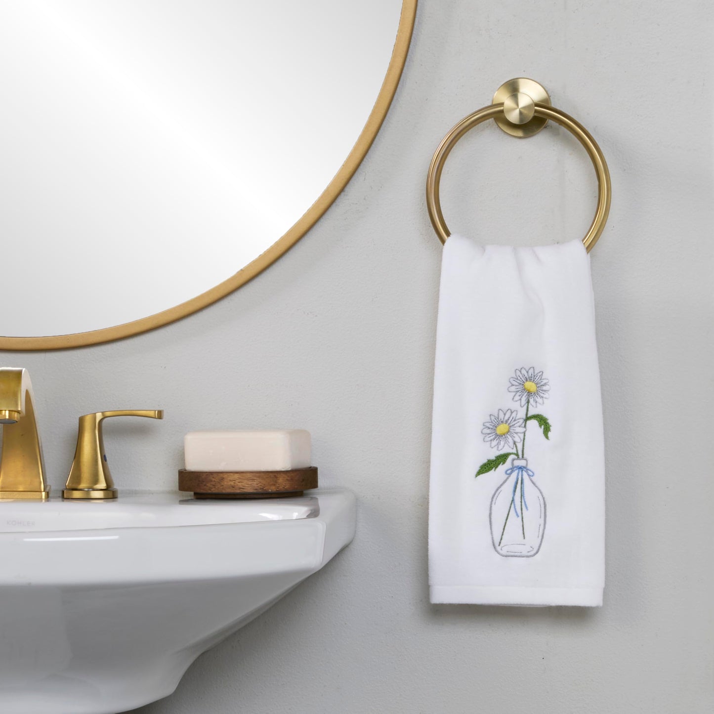 SKL Home Daisies in Vase 100% Cotton Embroidered 2pc Hand Towel Set, Decorative for Bath/Kitchen/Bar & Gift, Optic White