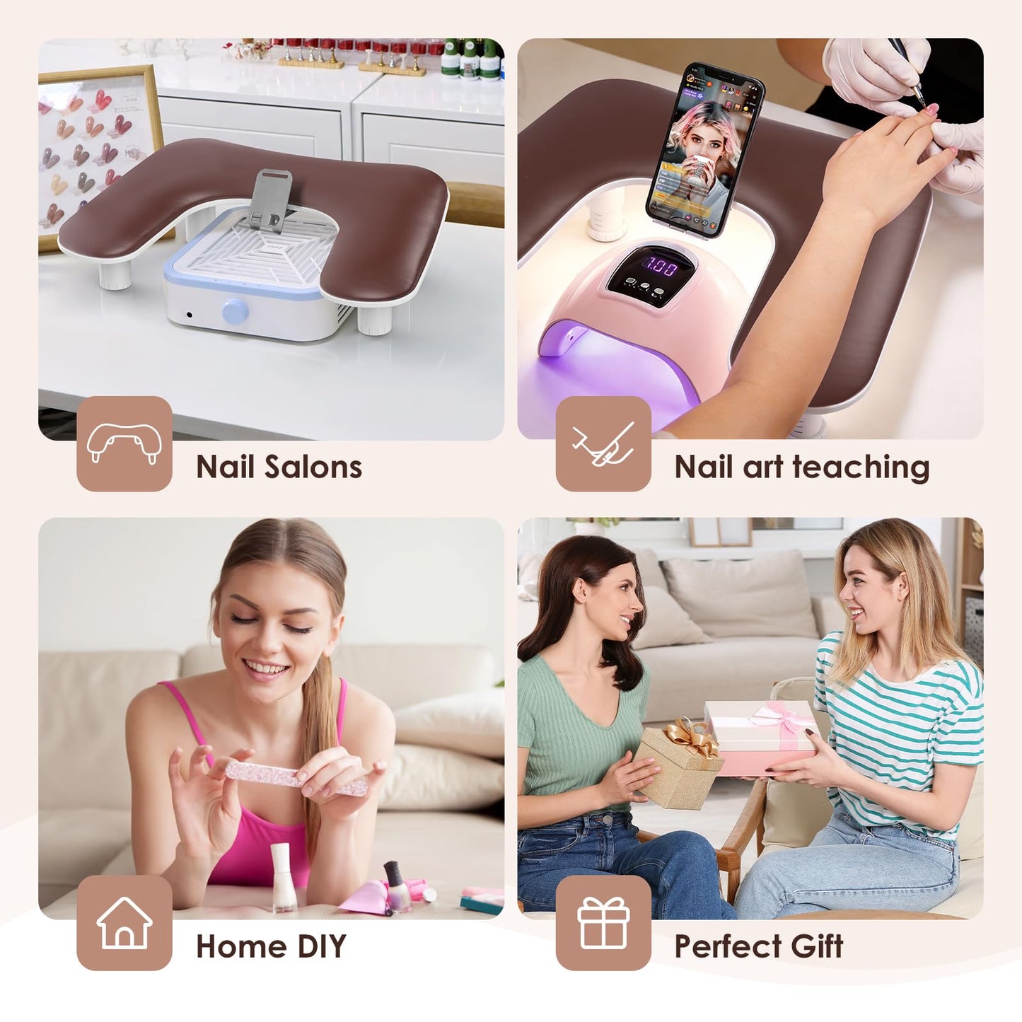 LIONVISON Arm Rest for Nails Tech: U Shaped Adjustable Height Ergonomic Nail Hand Rest Stand PU Leather with Rotating Phone Holder for Nail Salon Manicurist (Brown)
