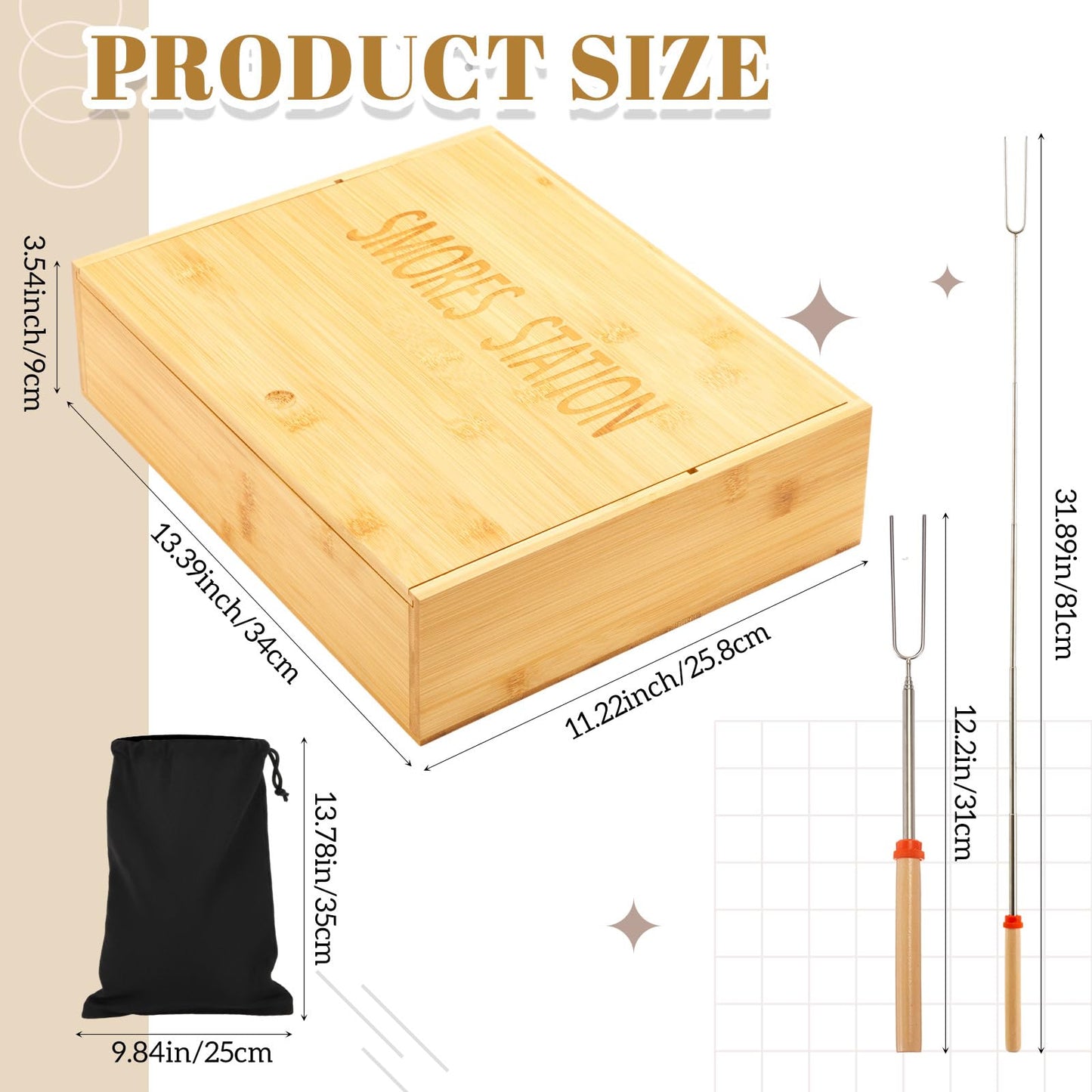 LemonRoad 13.4 x 11.2 x 3.5 Inch Smores Kits, Bamboo S'Mores Kit Box with Lid, 6 Extendable Roasting Sticks & Carry Bag, Portable Camping Cookware Set for Outdoor Picnic Backyard Party Family Fun