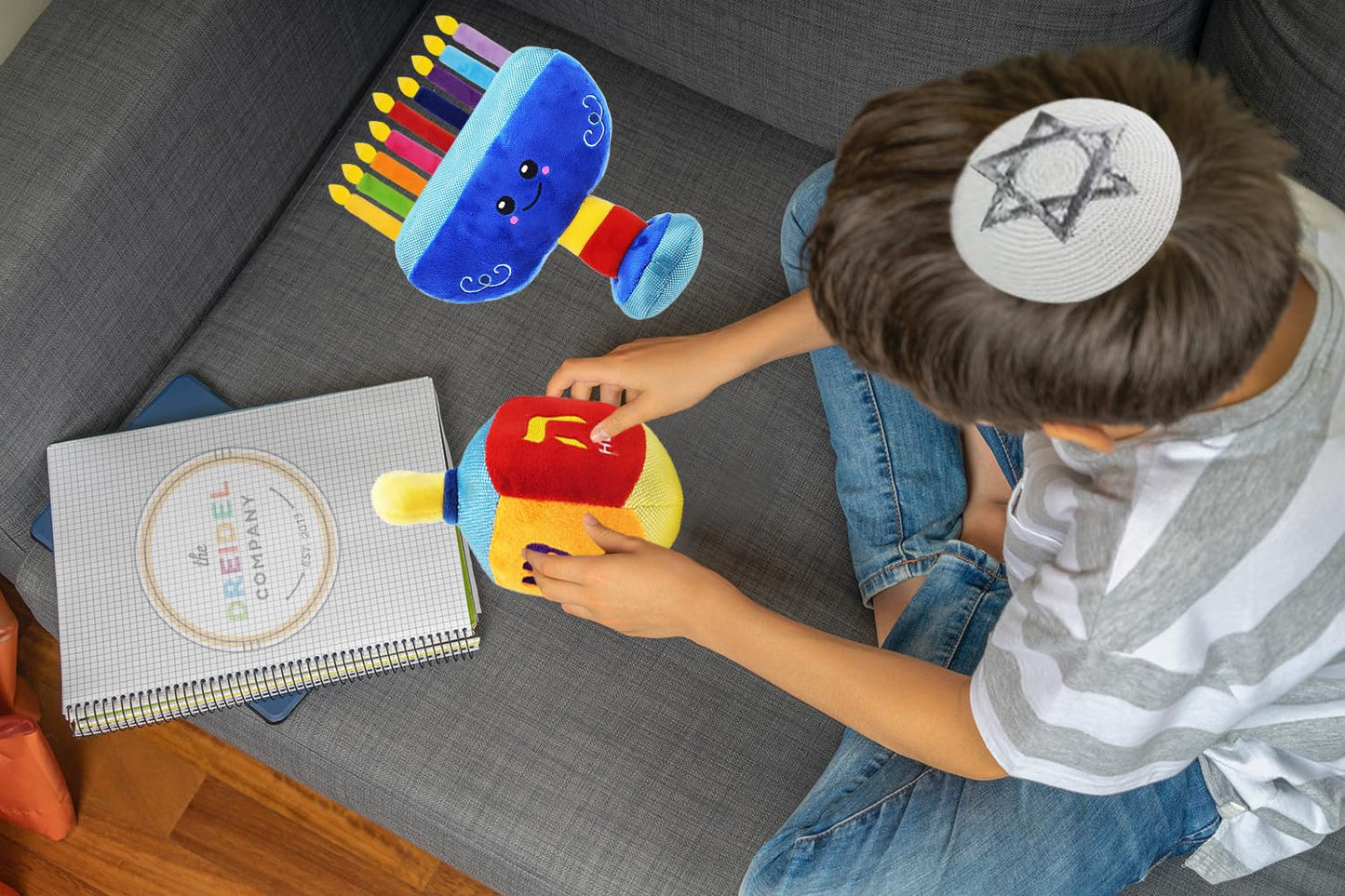 Plush Hanukkah Menorah & Plush Dreidel Toy Musical Menorah Plays 2 Classic Hanukkah Melodies Includes Removable Chanukah Candles & Candle Bag with Rattle Dreidel