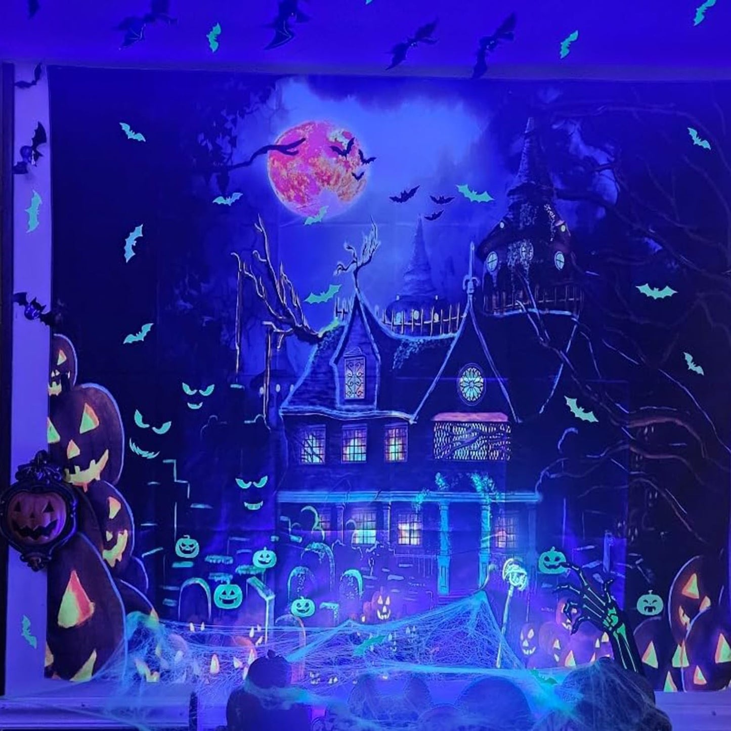 OSVINO Blacklight Halloween Castle Tapestry 59"x51" Pumpkins Bats Crosses Backdrop Bedroom Aesthetic Hippie Room Decor Glow in The Dark Wall Poster for Halloween Easter