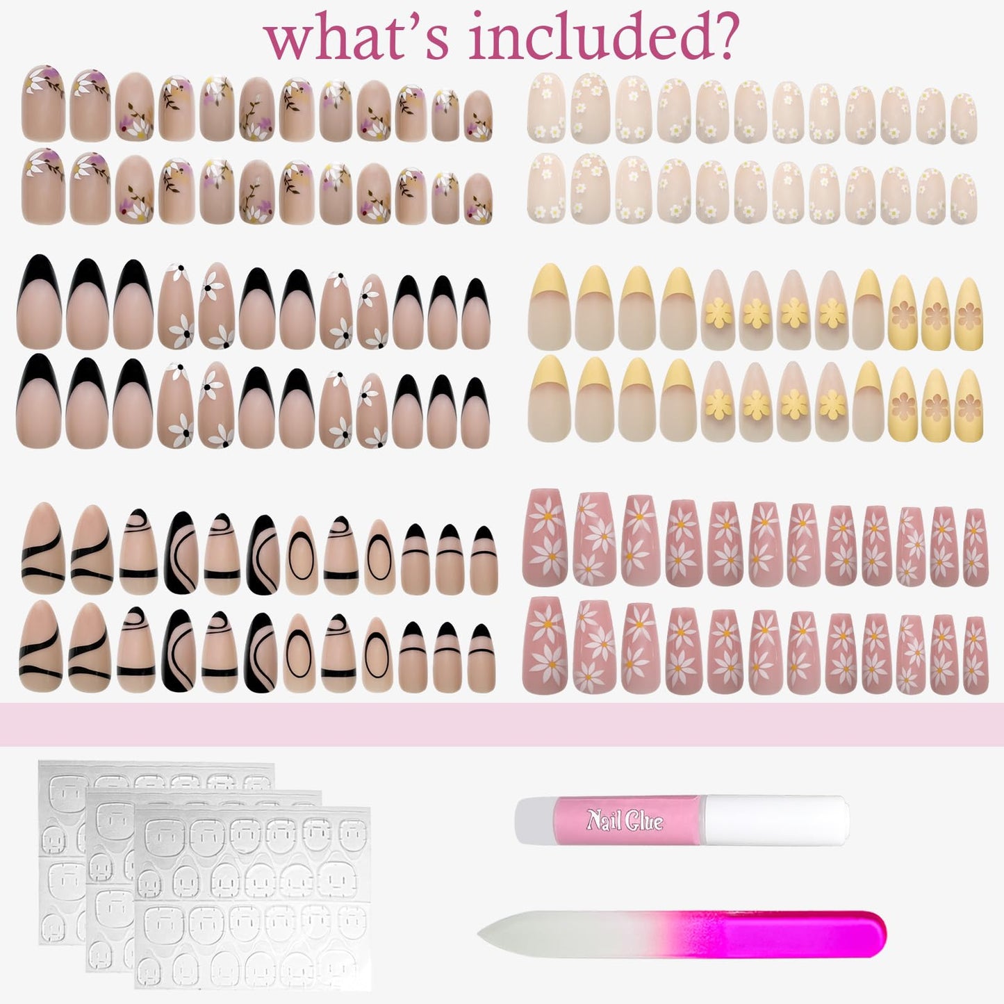 Jsiallye 6 Packs Press on Nails Medium,144Pcs French Press on Nails Almond,Ballet with Daisy,Glue on Nail in 12 Sizes - 24 Fake Nails Kit, Stick on Nails for Women
