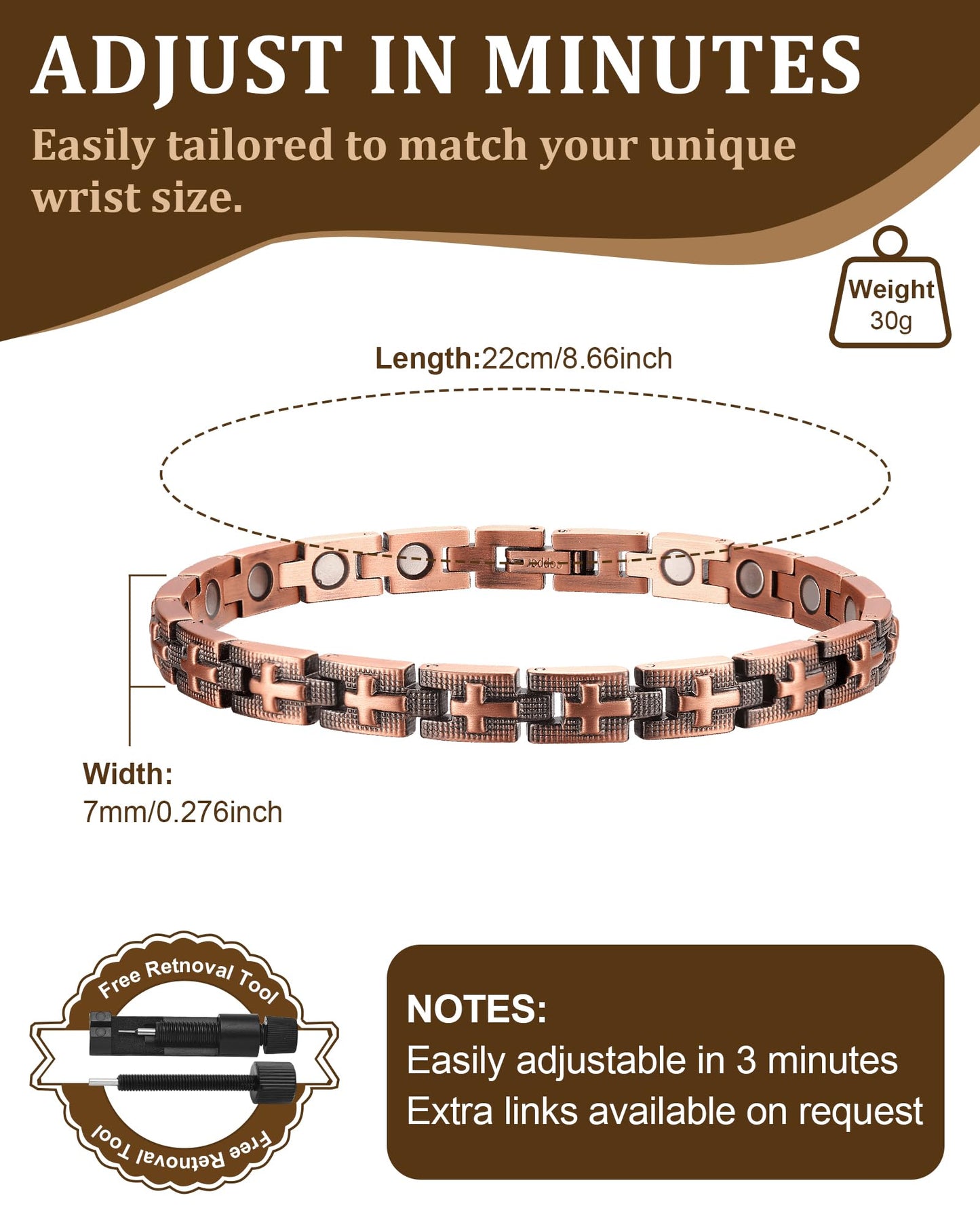 Fashtour Copper Cross Magnetic Bracelet for Women, 99.99% Pure Copper Bracelet, Cross Design, Adjustable (copper600)