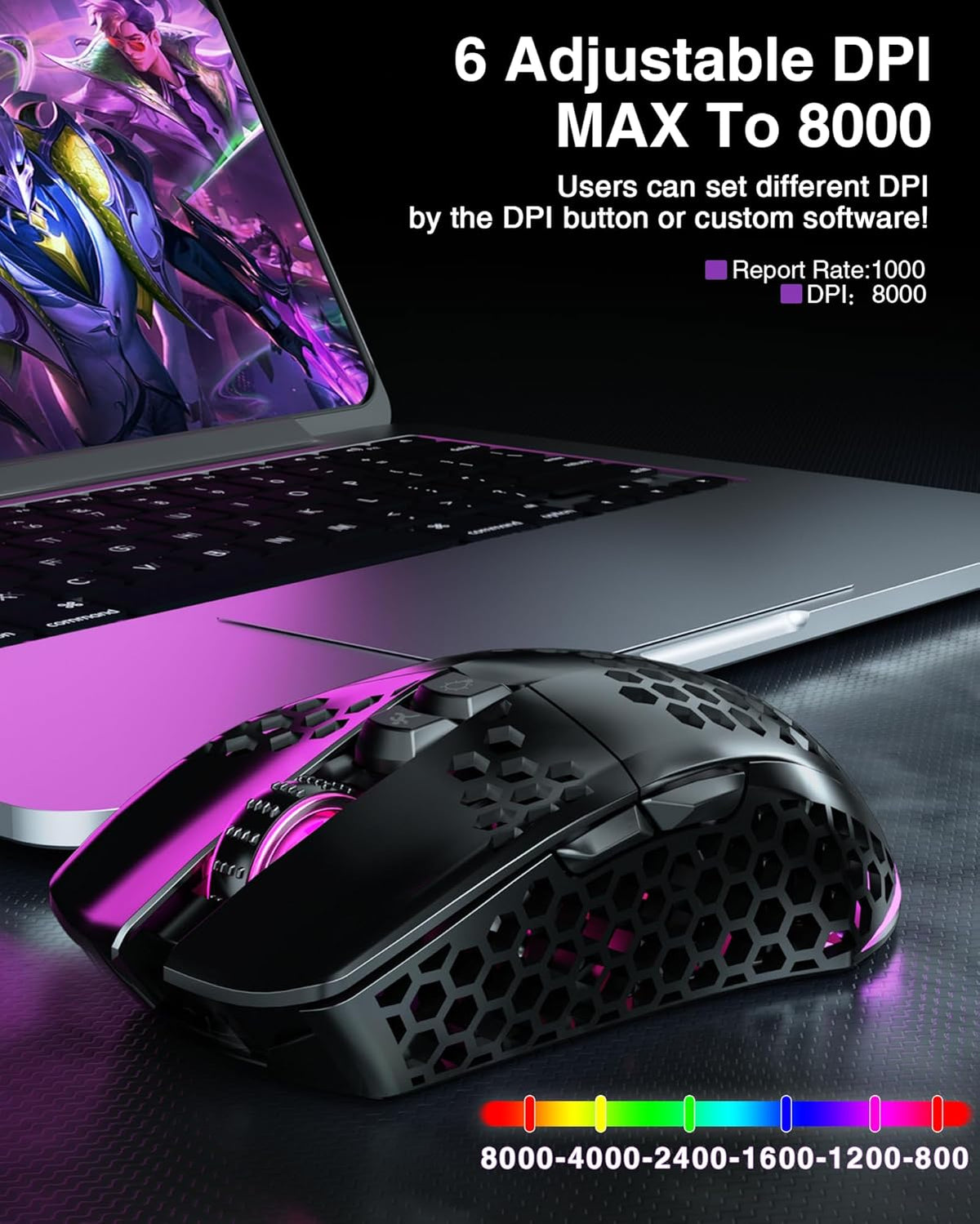SM600 Honeycomb Shell Gaming Mouse Wireless,8000 DPI Tri-Modes BT5.1/2.4G Wireless/Type-C Wired Gamer Mouse with 2 Side Buttons, Macro Programmable and RGB Light for PC/Mac/Laptop,Black