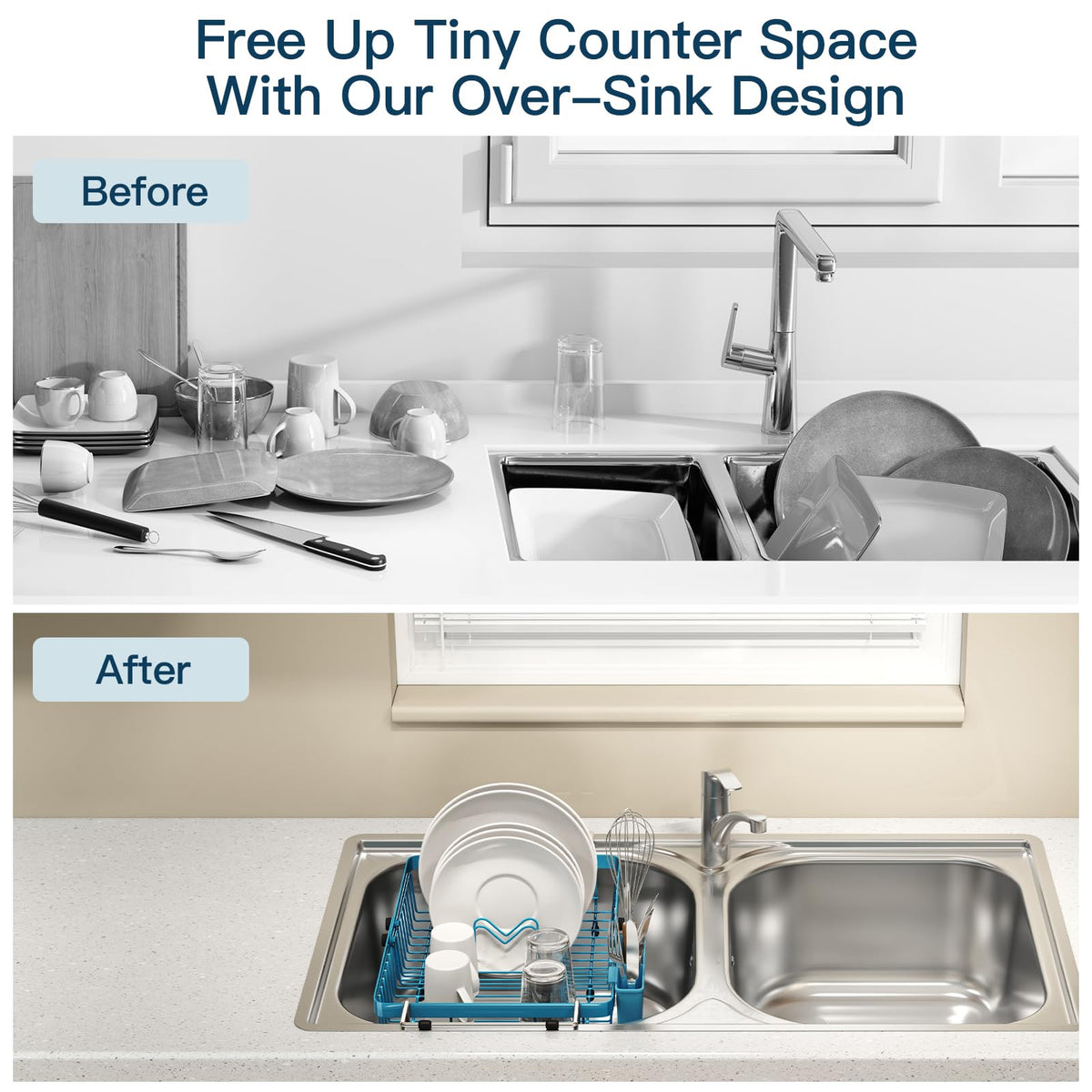 Blue Dish Drying Rack Over The Sink with Utensil Holder