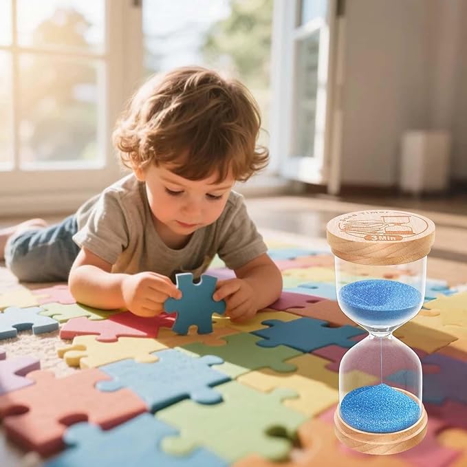 3 Minute Sand Timer, Wooden Hourglass Sand Clock, Small Wood Blue 3 Min Hour Glass, Three Minutes Sandglass for Brushing Teeth, Reloj De Arena, Classroom, Game, Kitchen, Home, Office