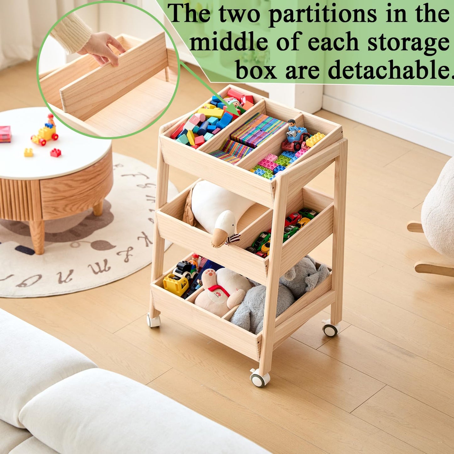 HaoGZMZFCL 3 Tier Wooden Toy Storage Organizer with Wheels for Toy Book Wood Storage Rack Open Display Shelf Kids Gift Natural